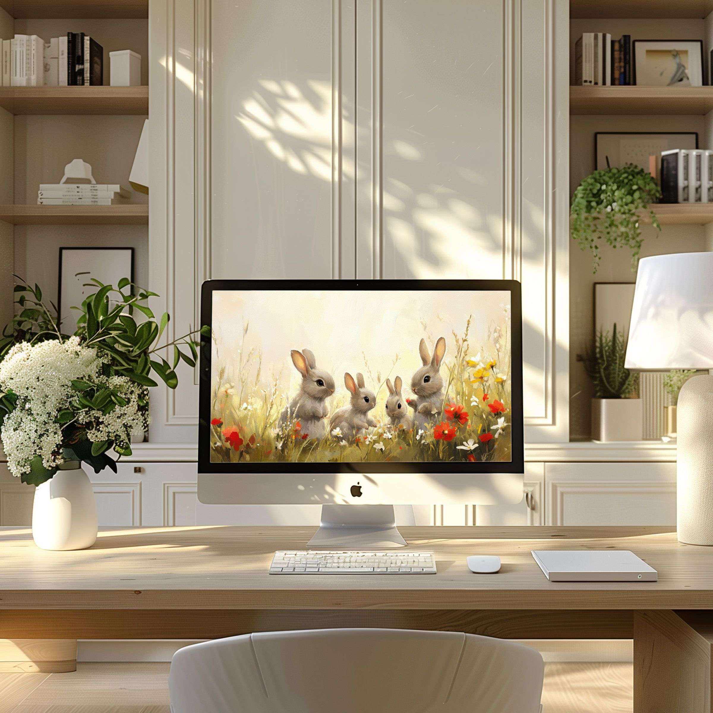 Elegant floral bunny artwork as a wallpaper for computer on a modern desk, inspiring calm for PC, laptop, ultrawide screens