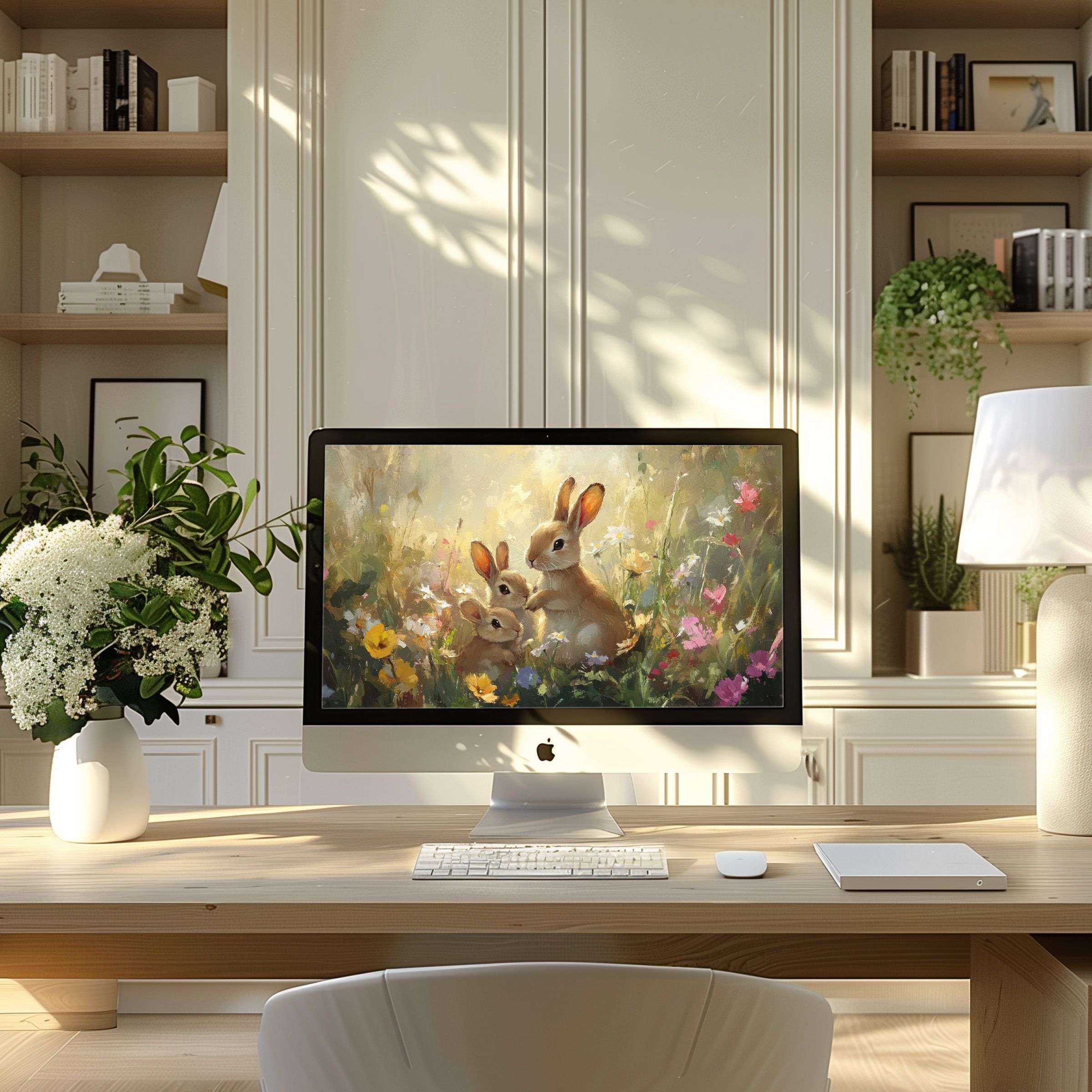 Elegant rabbit motif wallpaper for computer brings calm and inspiration to your modern PC or laptop home office setting