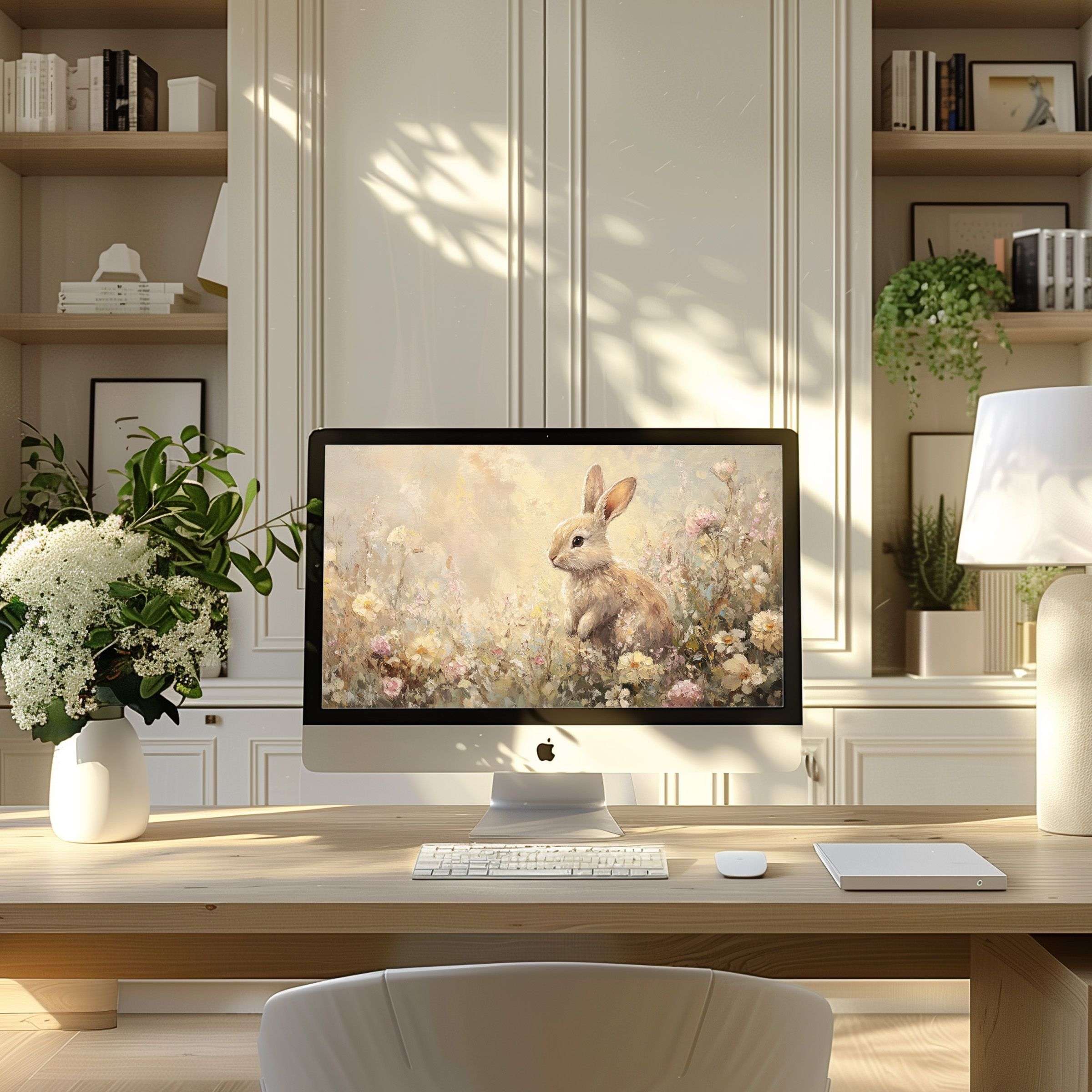 Elegant wallpaper for computer featuring a serene rabbit art in soft tones fits PC, laptop, ultrawide inspiring calm workspace