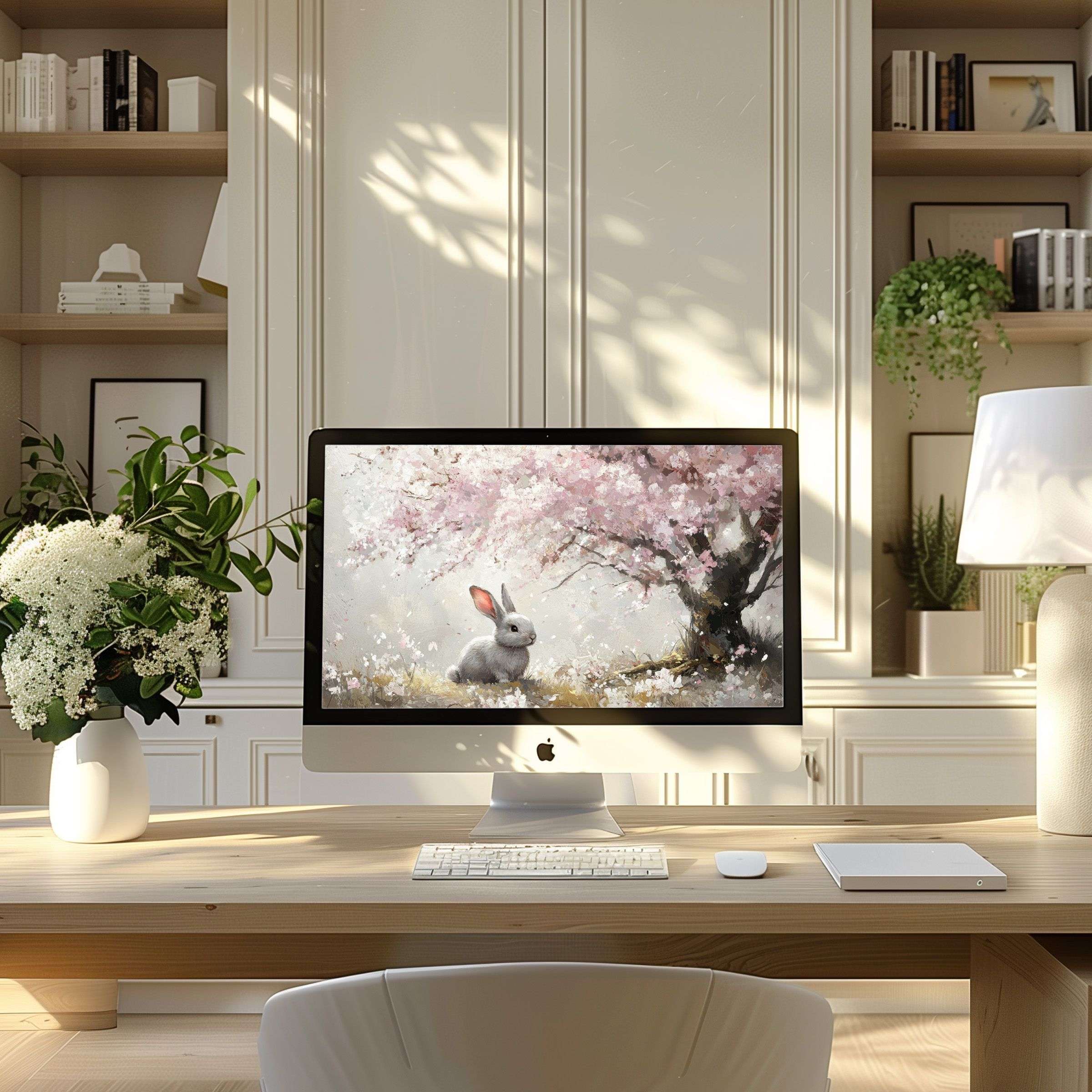 Elegant wallpaper for computer with serene cherry blossoms and rabbit motif inspiring calm in a modern home office for PC or laptop