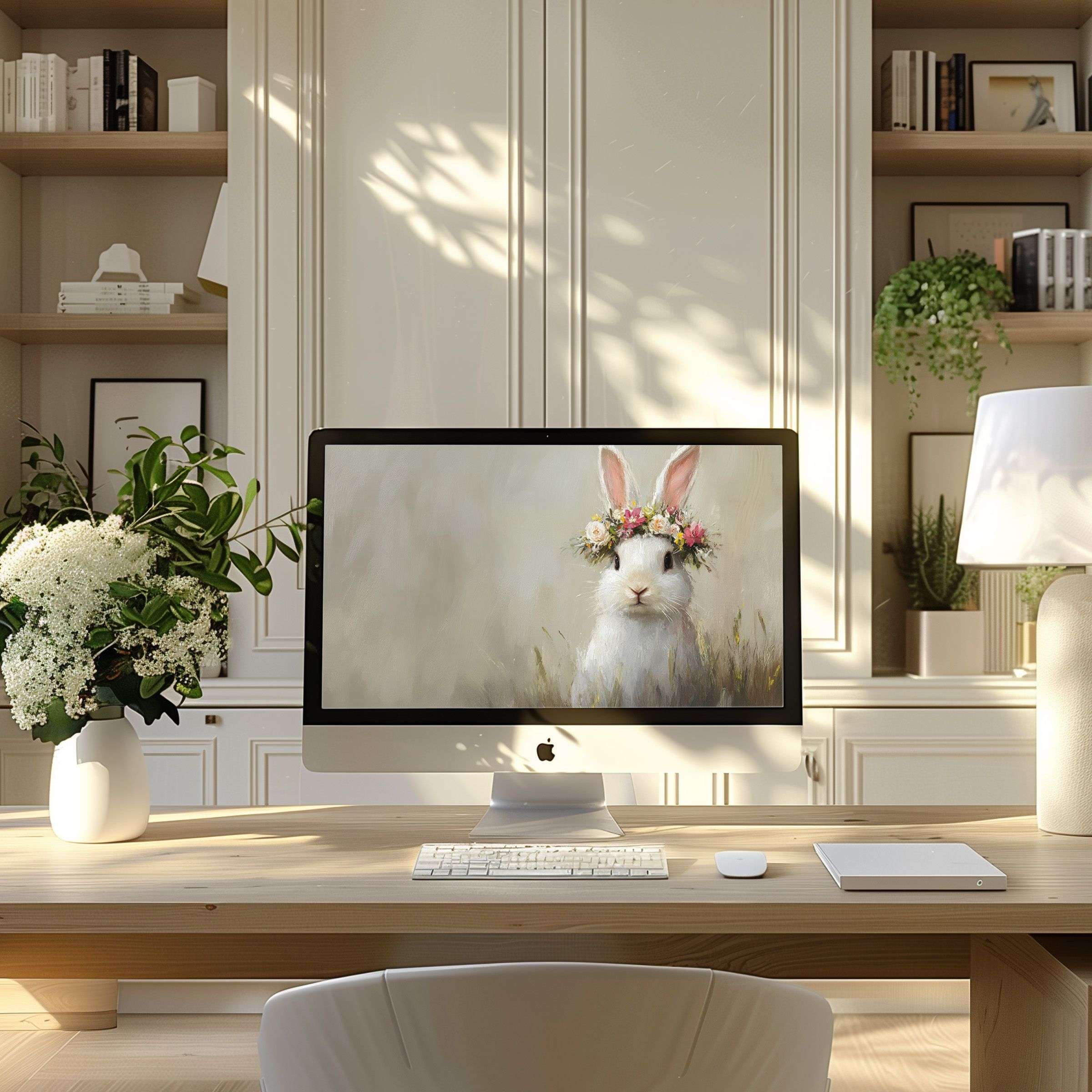 Elegant rabbit-themed wallpaper for computer offering inspiration and calm for modern PC or laptop in stylish home office setting