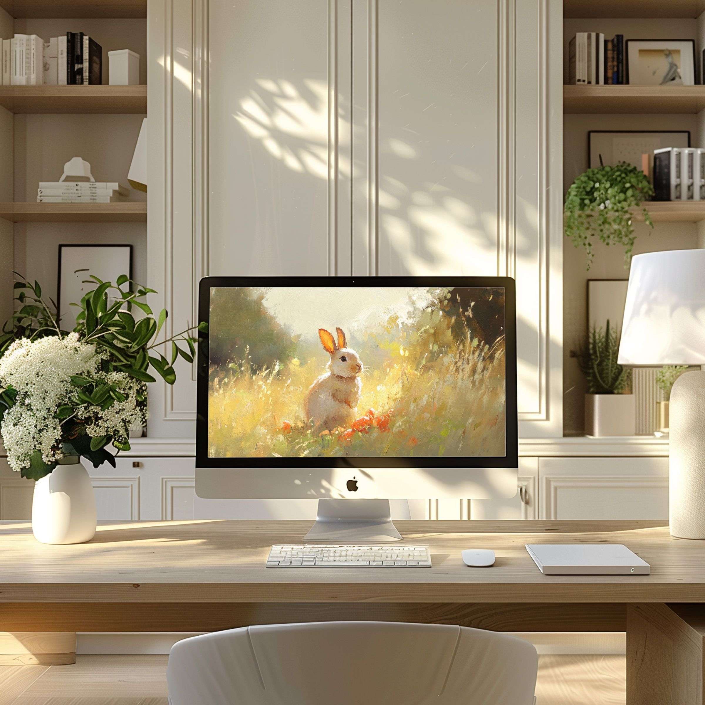 Elegant rabbit artwork for inspiring wallpaper for computer perfect for PC, laptop, ultrawide download enhancing a calm home office