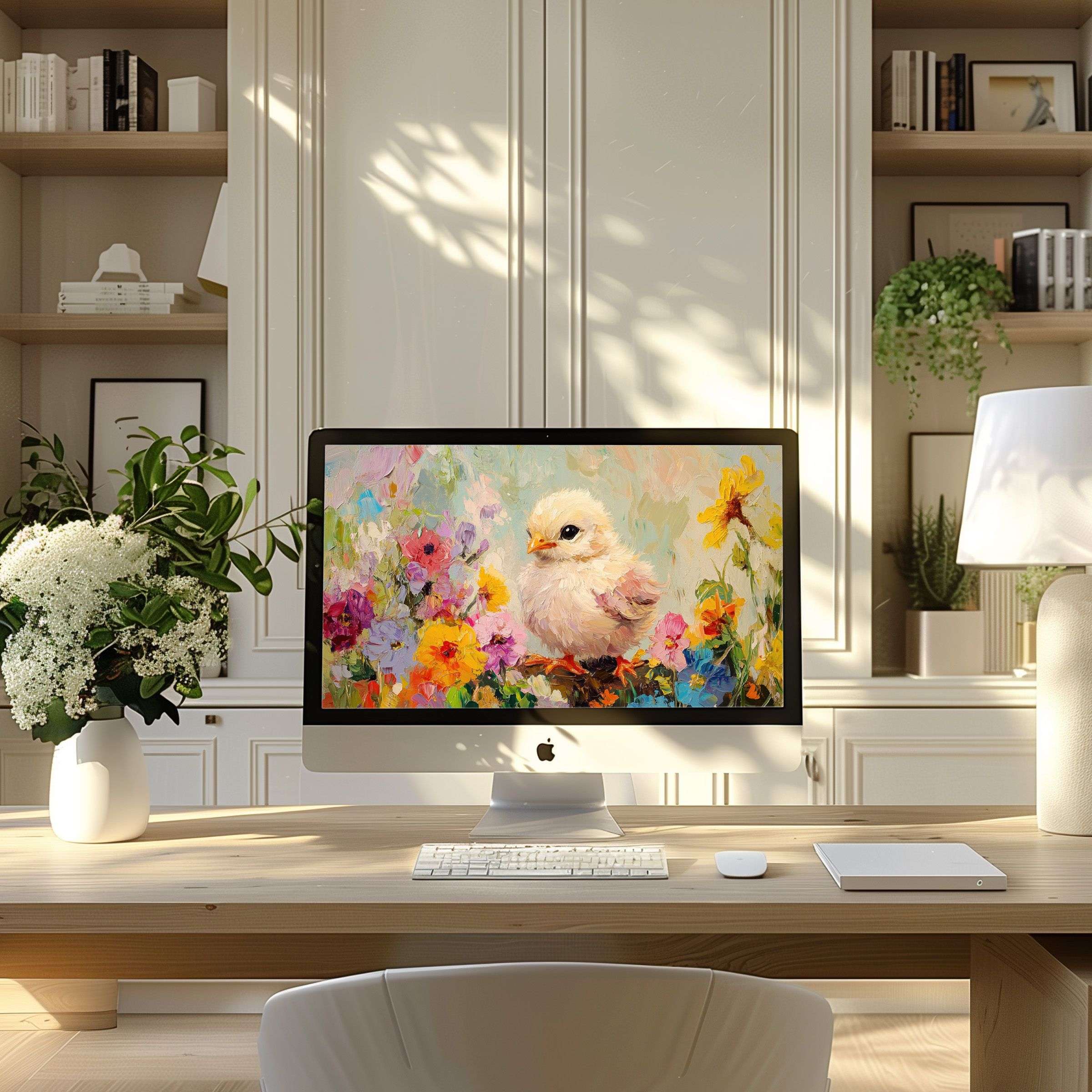 Vibrant floral bird artwork as elegant wallpaper for computer ideal for PC and laptop creating calm inspiration in modern home office