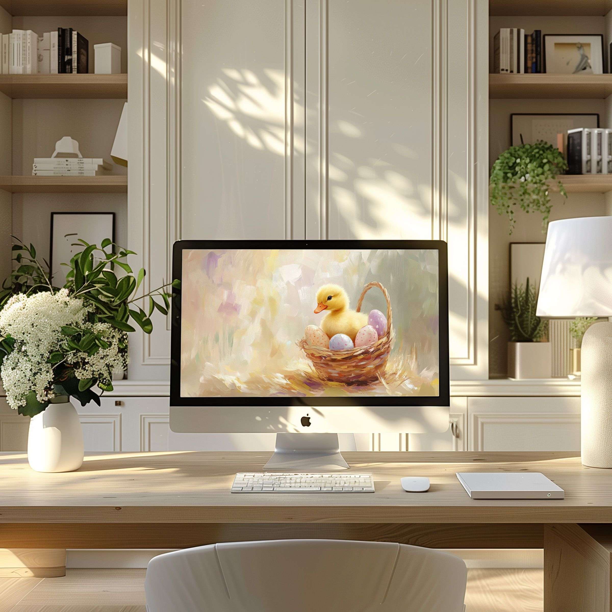 Calming pastel artwork of a duckling in a basket enhances modern home office; perfect wallpaper for computer, PC, laptop download