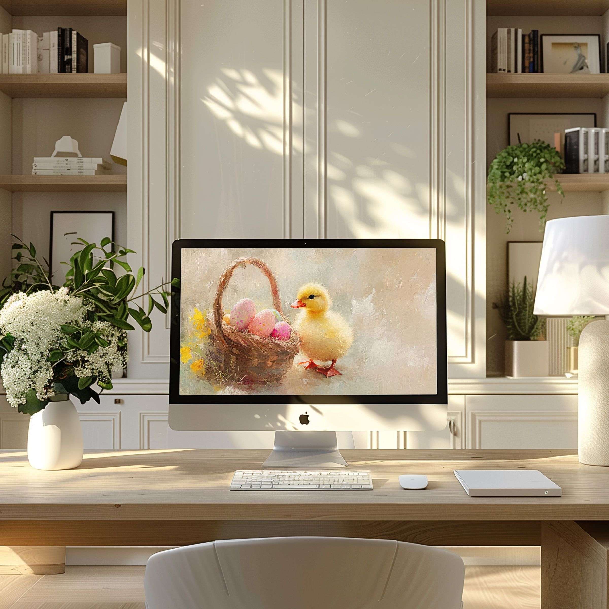 Elegant spring chick and eggs digital art wallpaper for computer in serene home office inspiring calm for PC and Laptop users