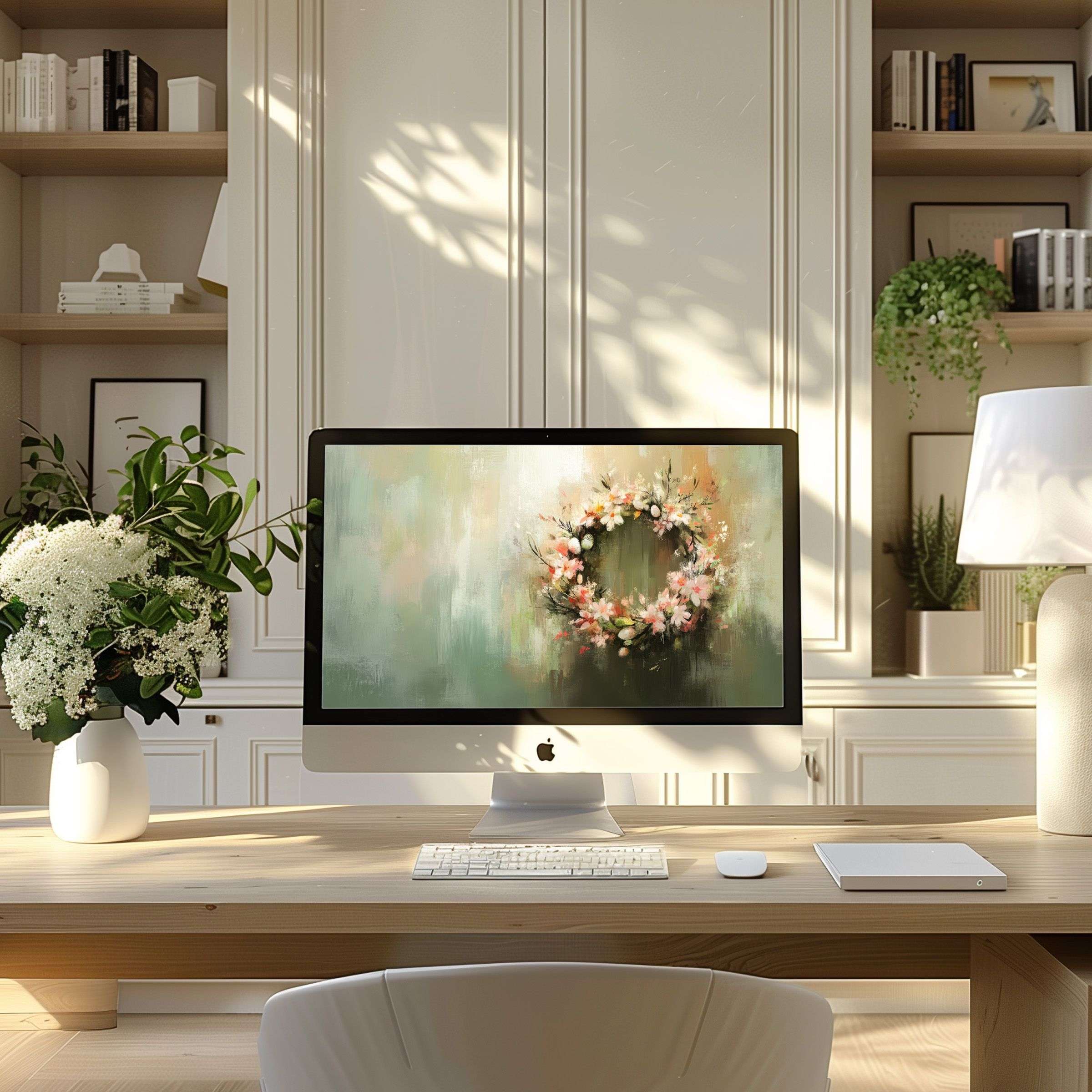 Elegant floral wallpaper for computer inspires calm and beauty, perfect for PC or laptop in a designer home office setting