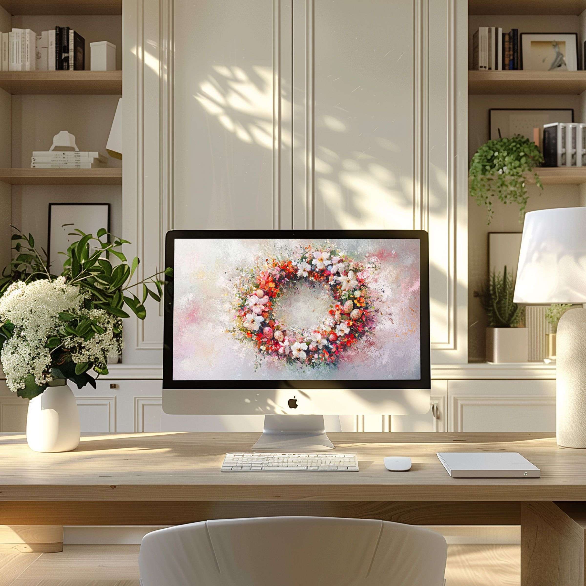 Elegant floral wreath digital art as wallpaper for computer inspires calm in a modern home office fitting PC and Laptop