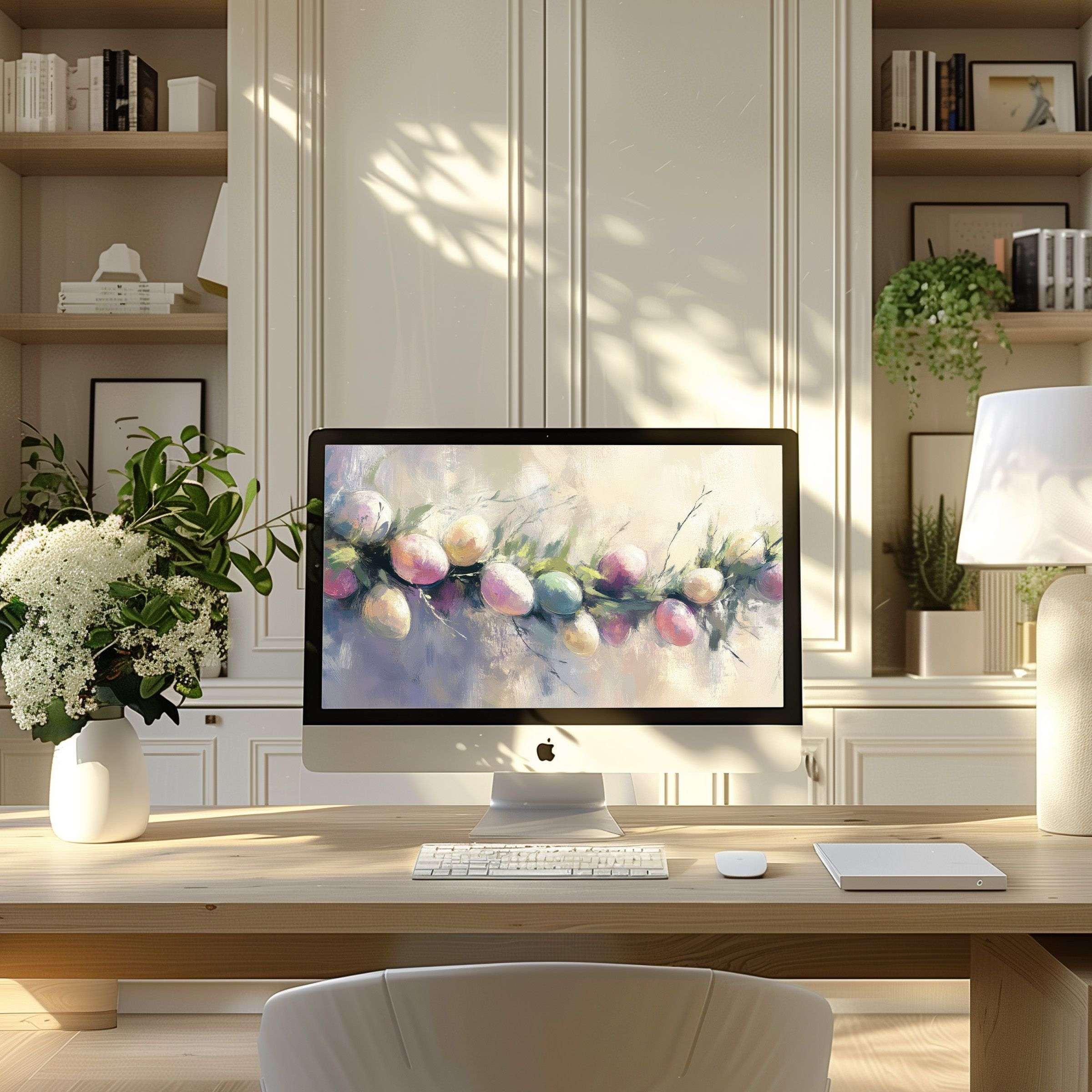 Elegant wallpaper for computer features pastel floral art, inspiring calm in modern home office for PC and laptop users