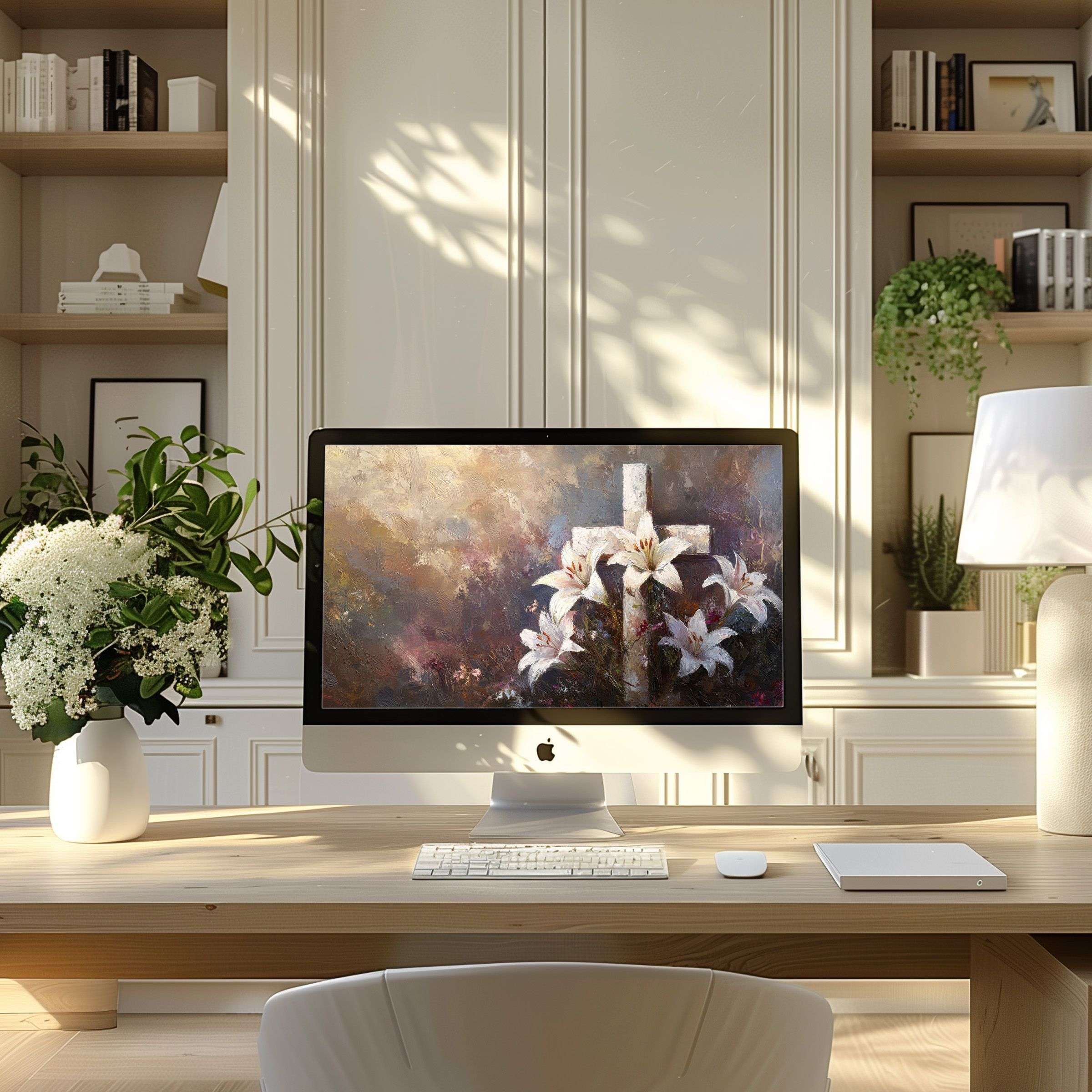 Elegant floral cross wallpaper for computer brings calm and inspiration to any modern PC or laptop home office space
