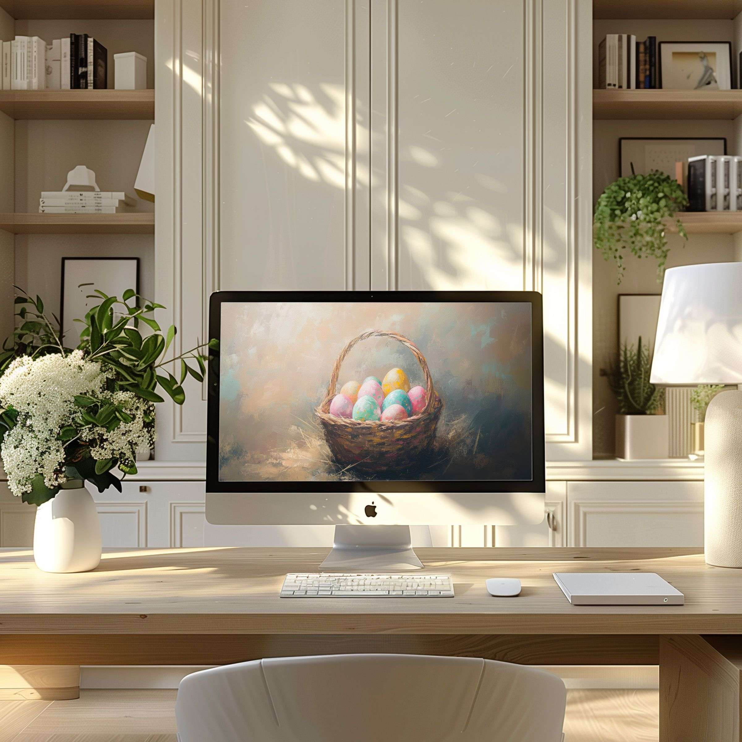 Elegant digital art featuring a pastel basket motif enhances modern home office as wallpaper for computer, PC, Laptop users