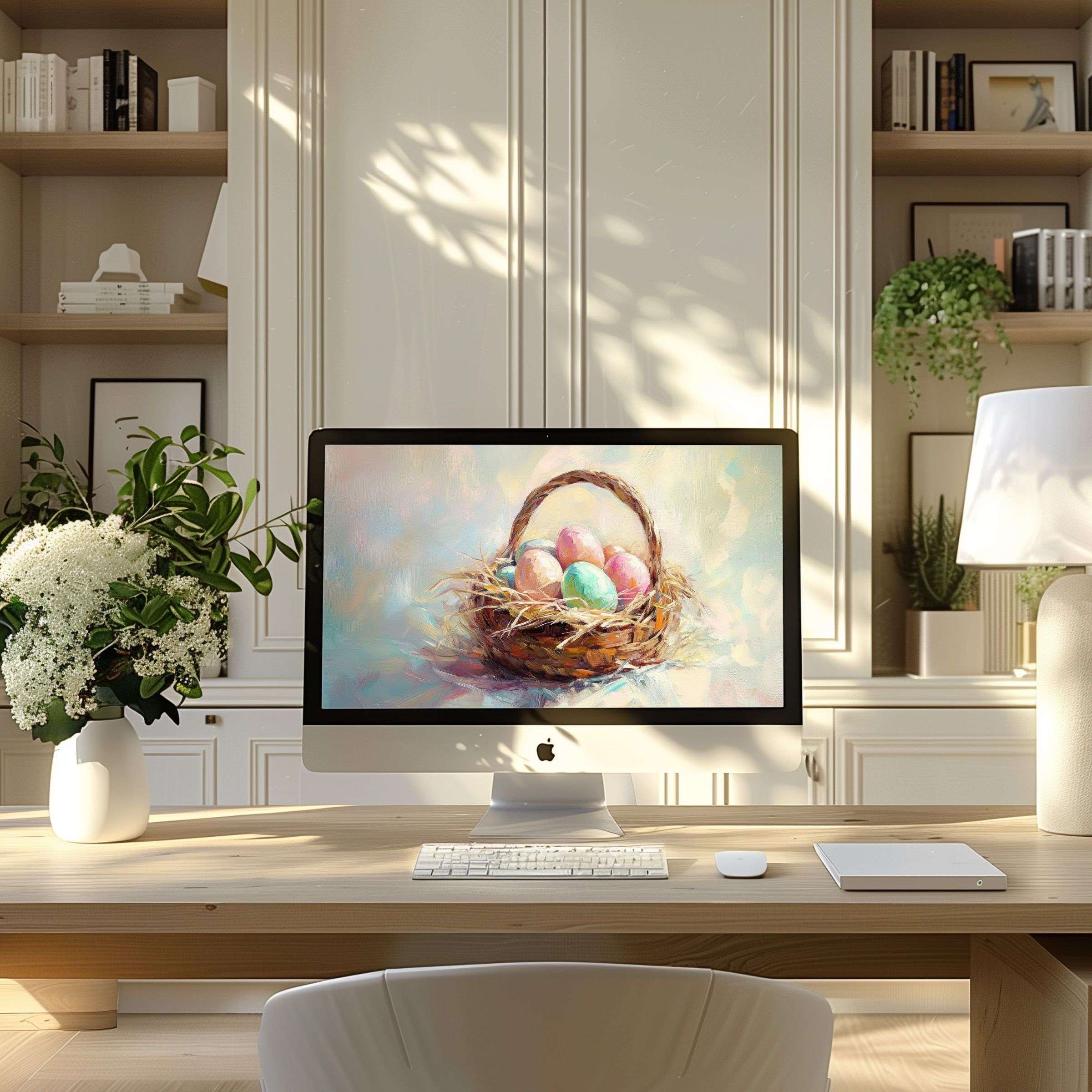 Elegant digital art of pastel eggs in a basket as wallpaper for computer creating a calm aesthetic for PC and laptop users