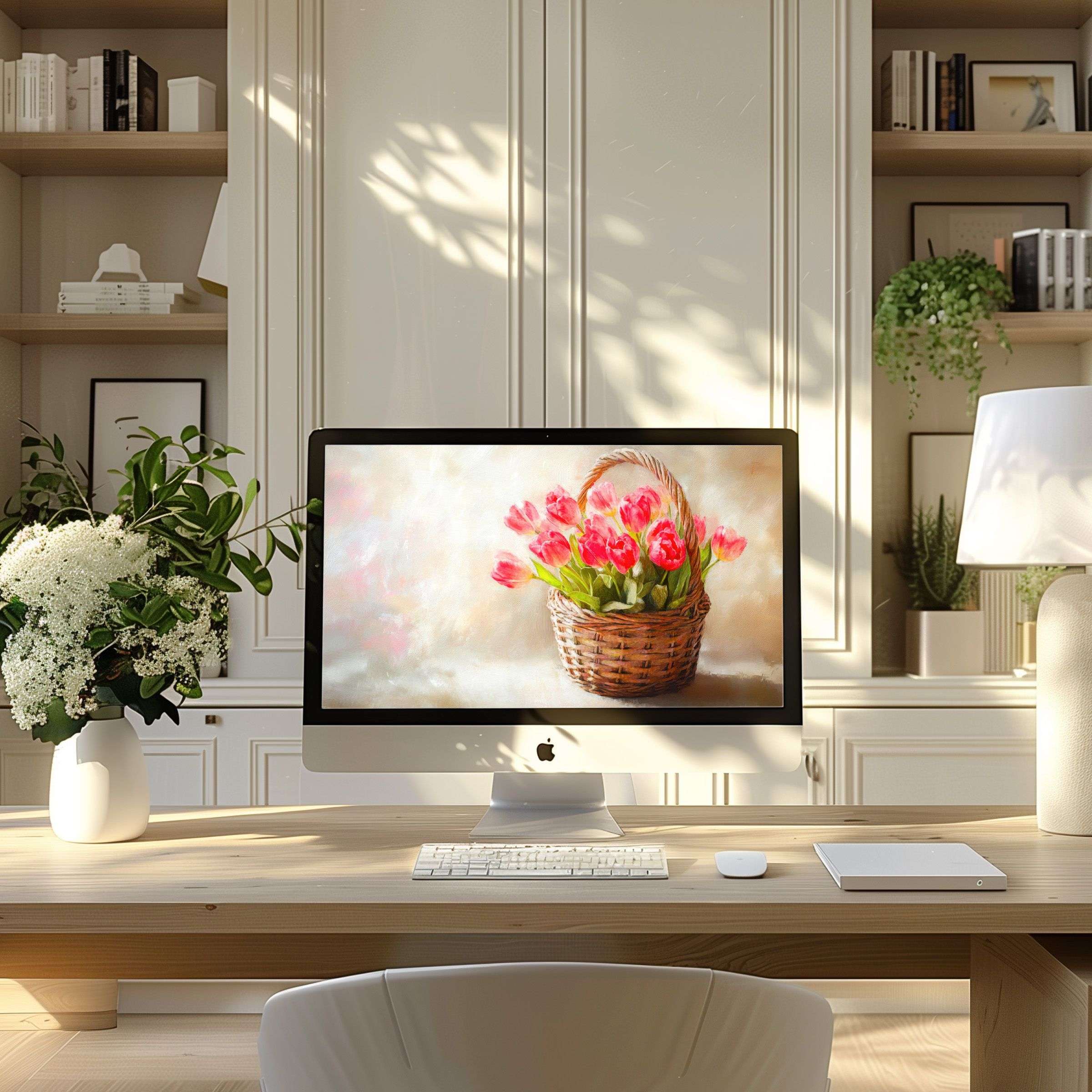 Elegant digital art of tulips in a basket brings calm and inspiration to your modern home office wallpaper for computer PC Laptop