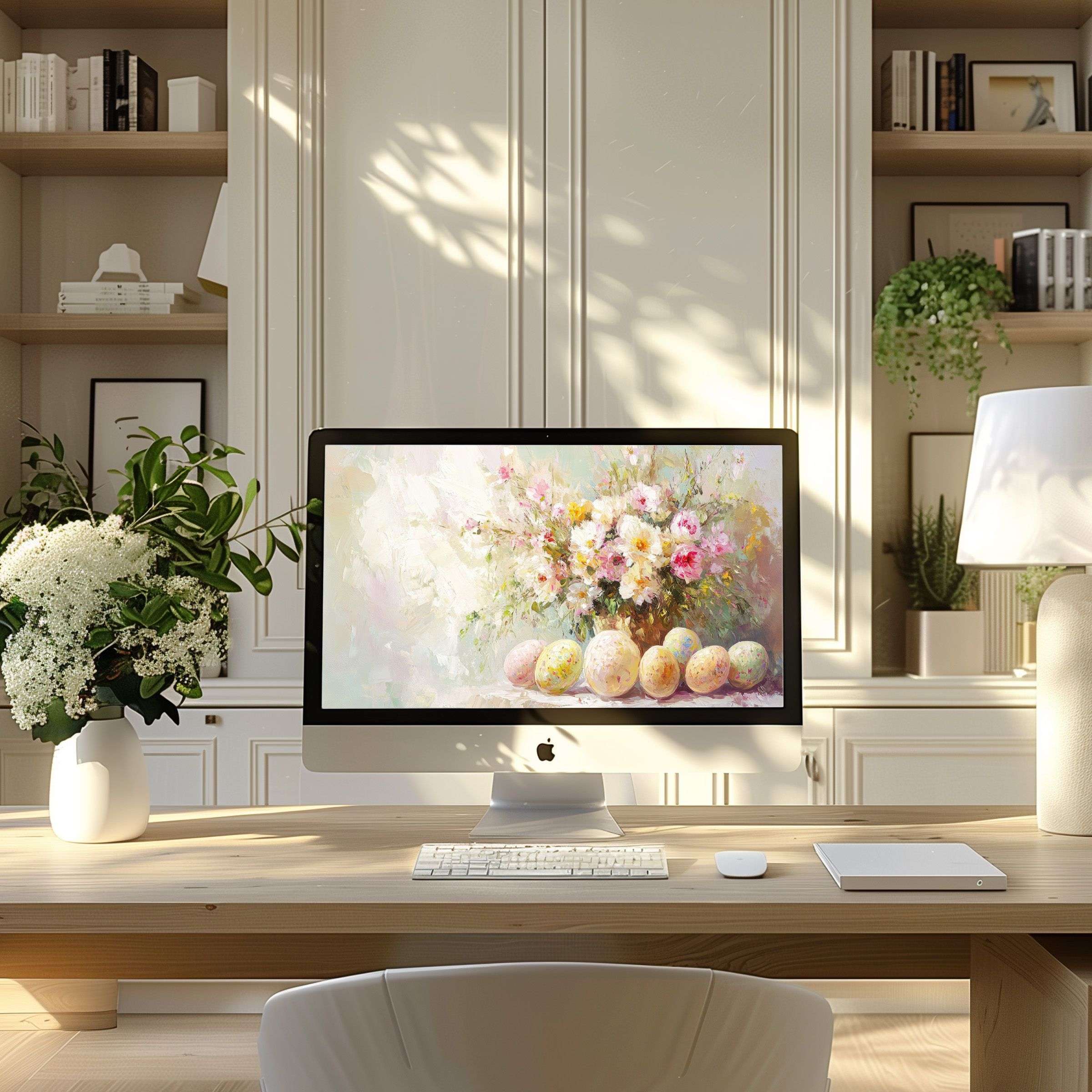Elegant pastel floral digital art wallpaper for computer, PC, and laptop creates a calm, inspiring ambiance in modern home office
