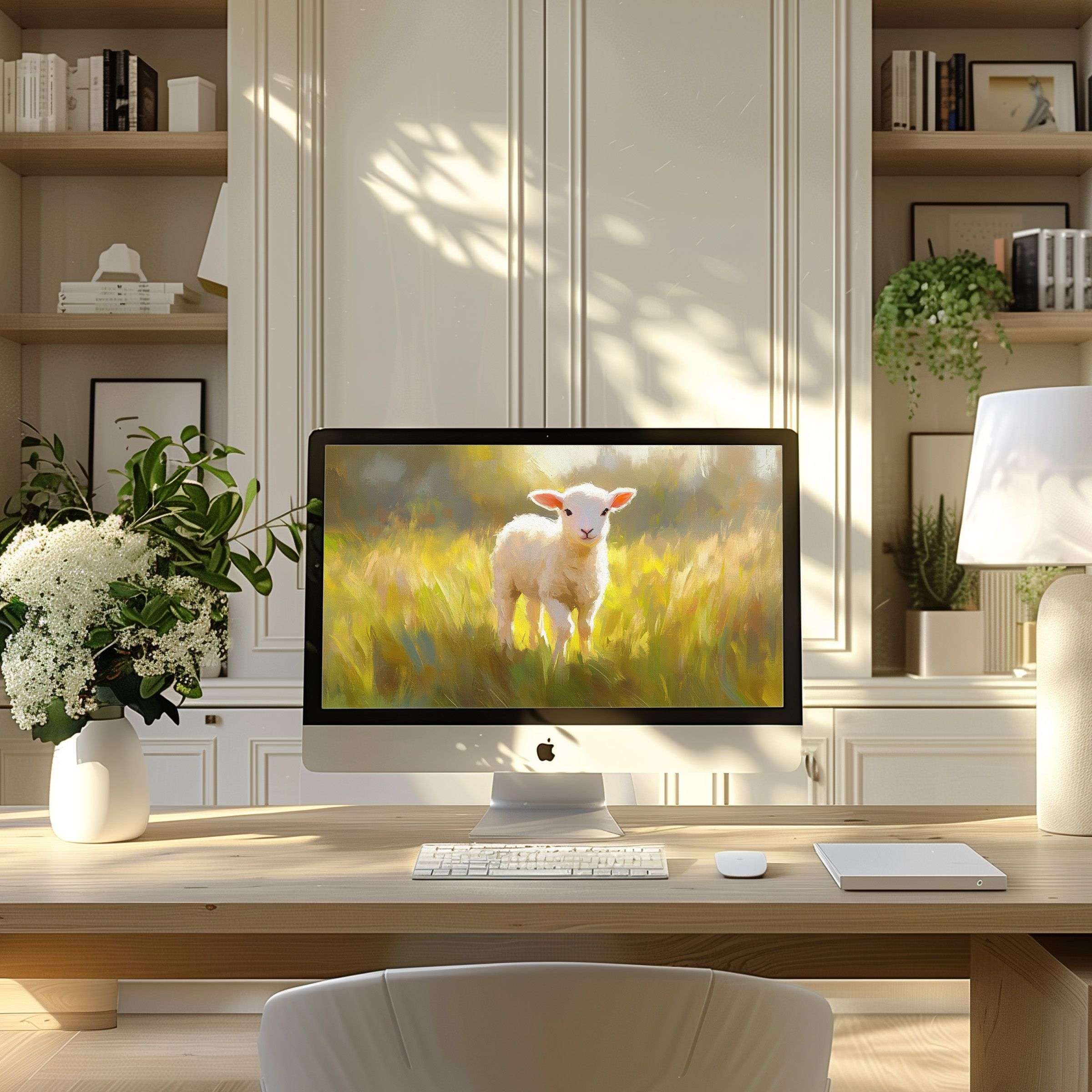 Elegant and calming digital art of a lamb in nature as wallpaper for computer, enhancing PC or laptop with inspiration and style
