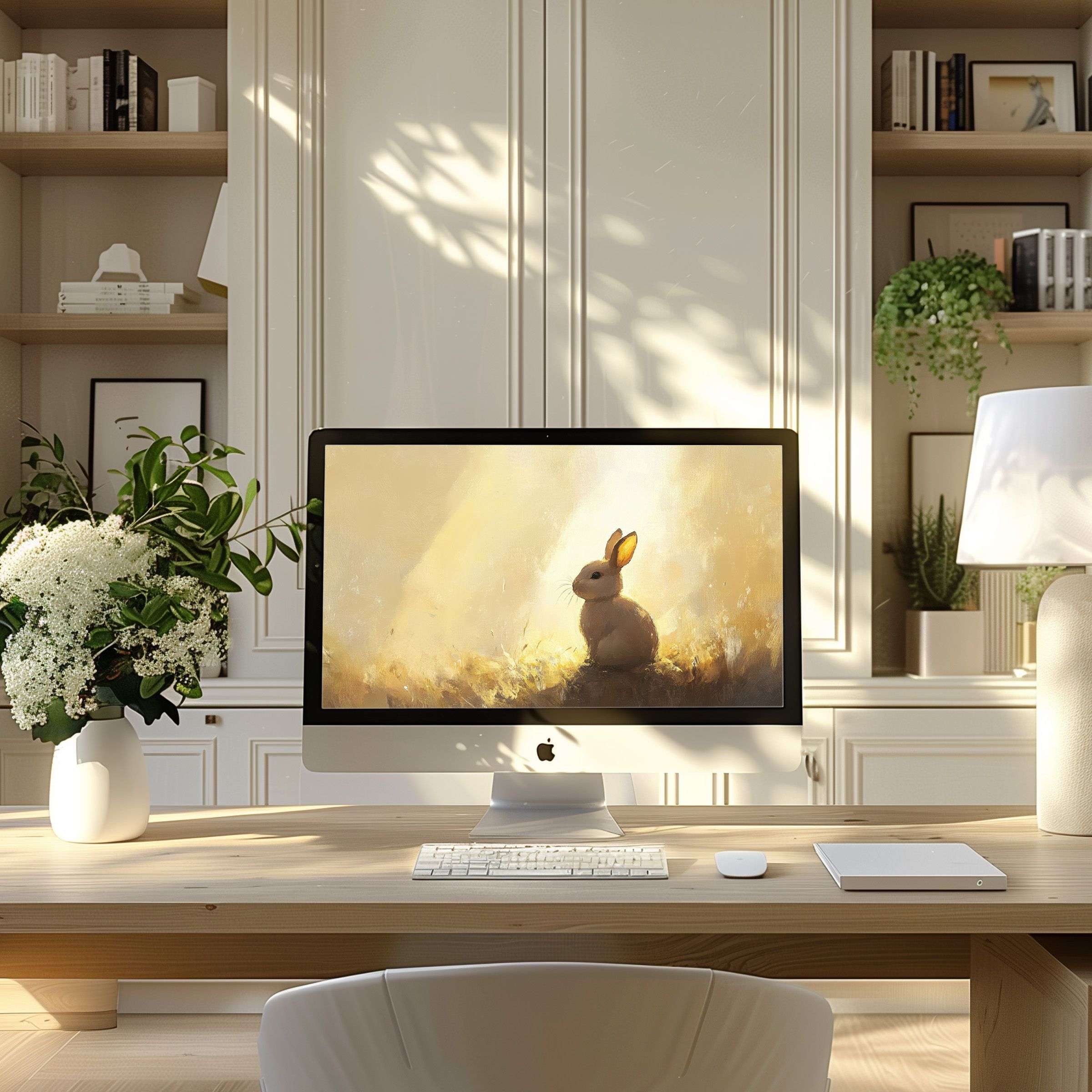 Elegant digital art wallpaper for computer featuring a serene rabbit, perfect for PC or laptop in a modern home office setting