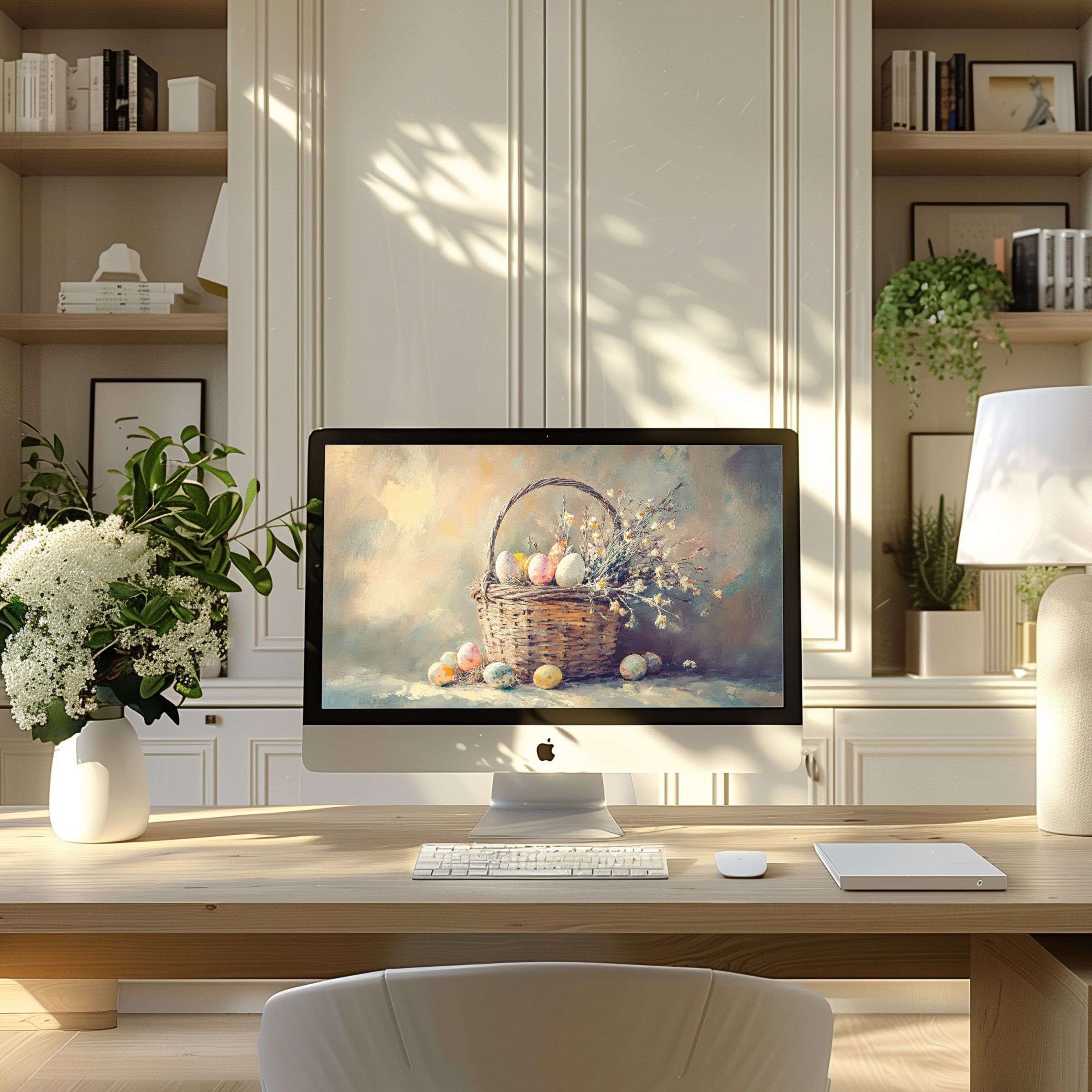 Elegant digital art with soft pastels brings calm to a modern home office perfect wallpaper for computer PC and Laptop users