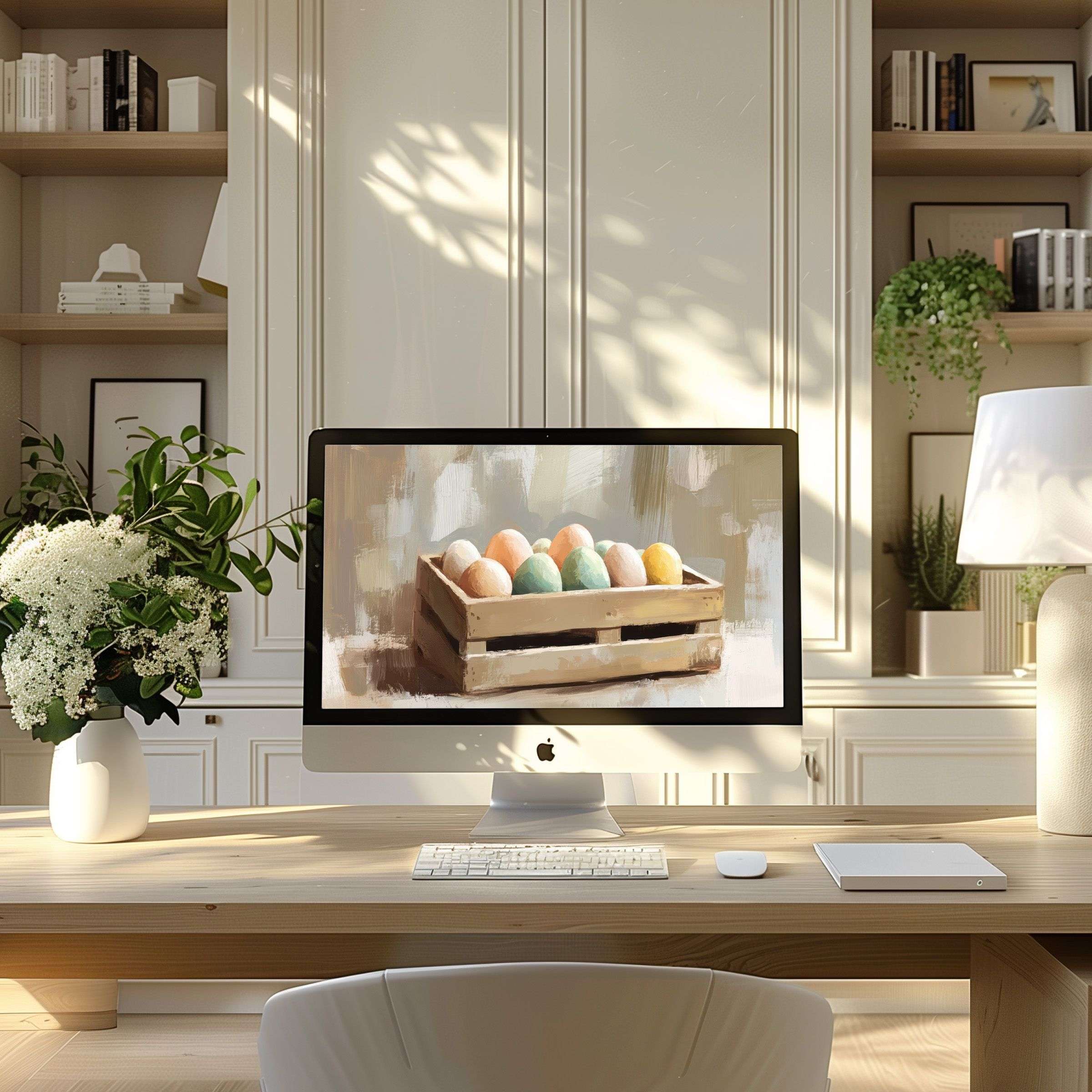 Elegant pastel digital art enhances modern home office, offering a calming wallpaper for computer, PC, laptop, and ultrawide displays