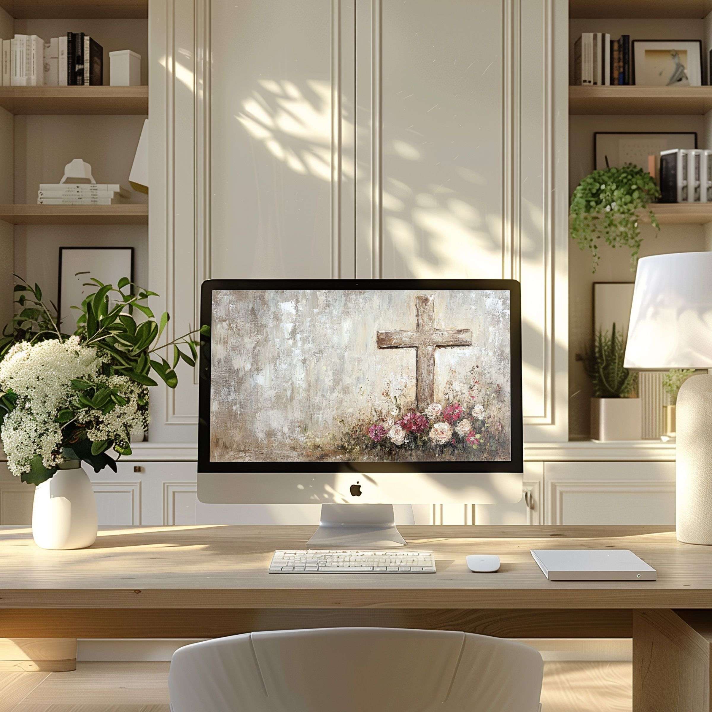 Elegant digital art of a rustic cross with flowers enhances this modern home office, perfect as a wallpaper for computer, PC, and laptop