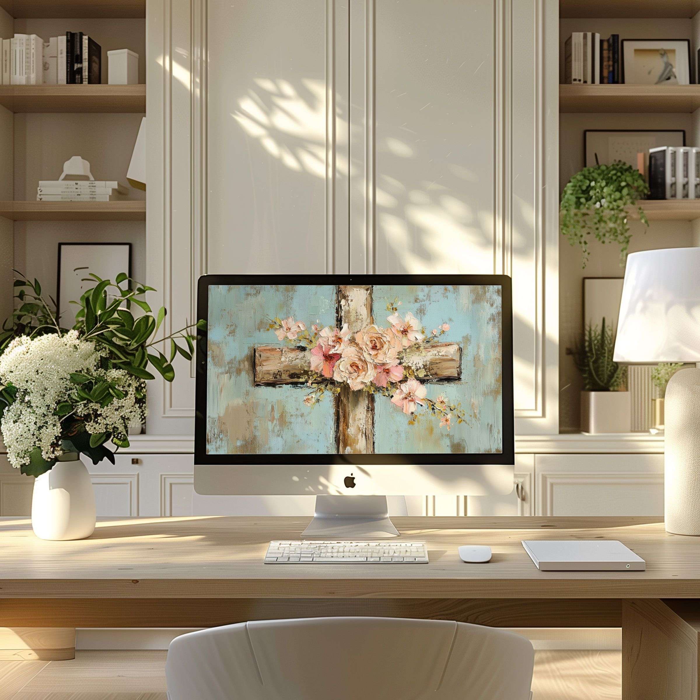 Elegant wallpaper for computer with floral cross motif, perfect for PC or Laptop, offering calm inspiration in a modern office setting