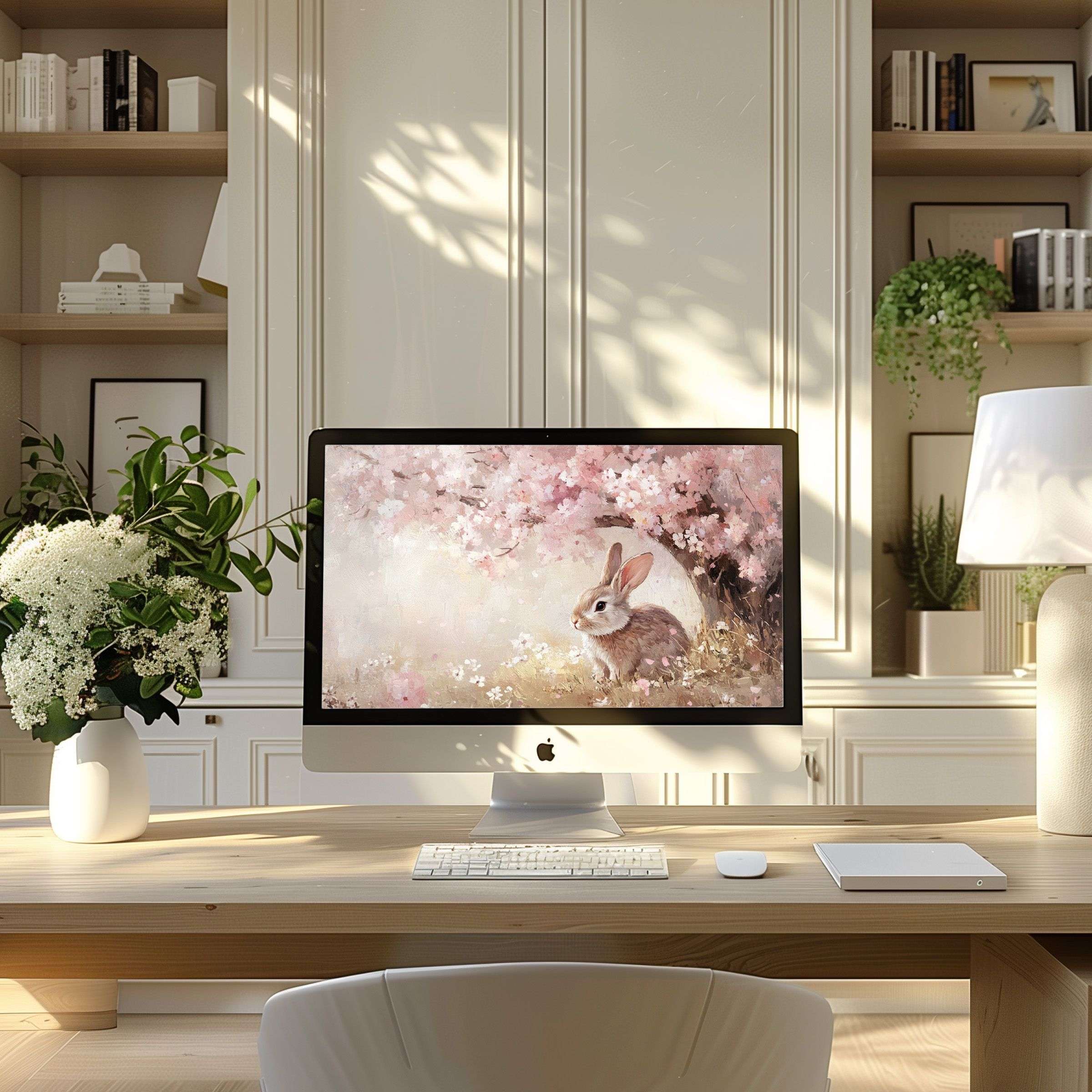 Elegant digital art of a rabbit under pink blossoms, perfect wallpaper for computer, PC, laptop, inspiring calmness in modern home office