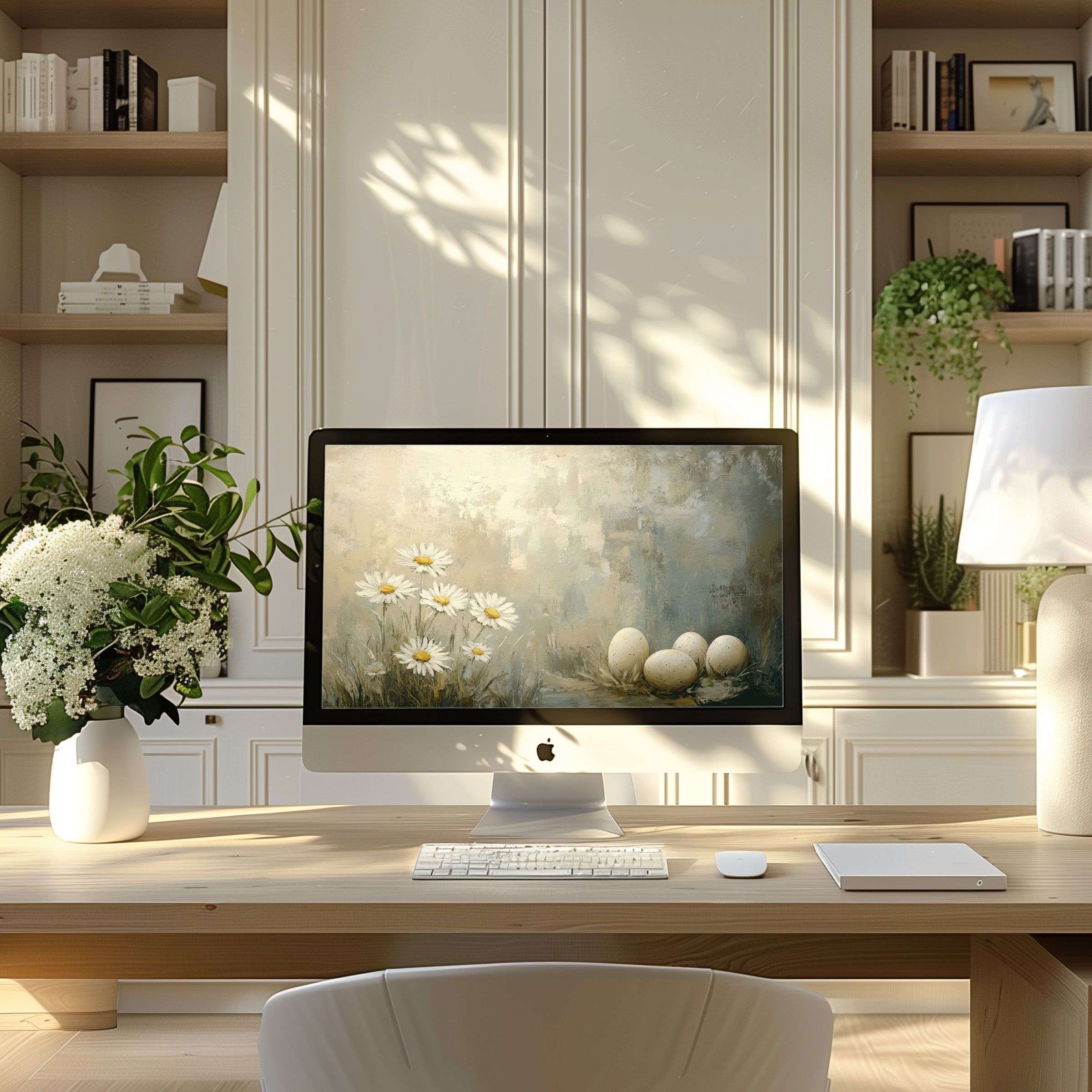 Elegant floral digital art as wallpaper for computer, PC and Laptop enhances modern home office with calm inspiration
