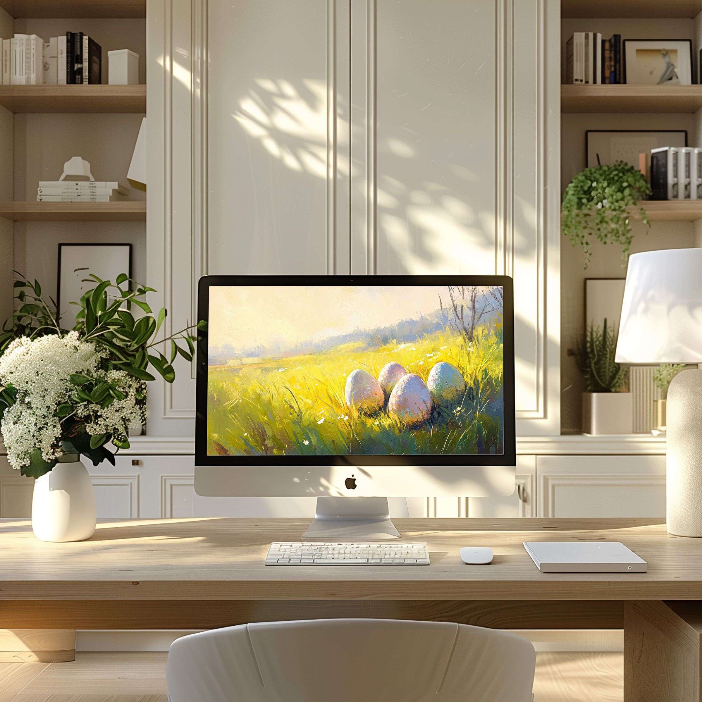 Serene digital art wallpaper for computer adds elegance to a modern home office, perfect for PC and laptop inspiration