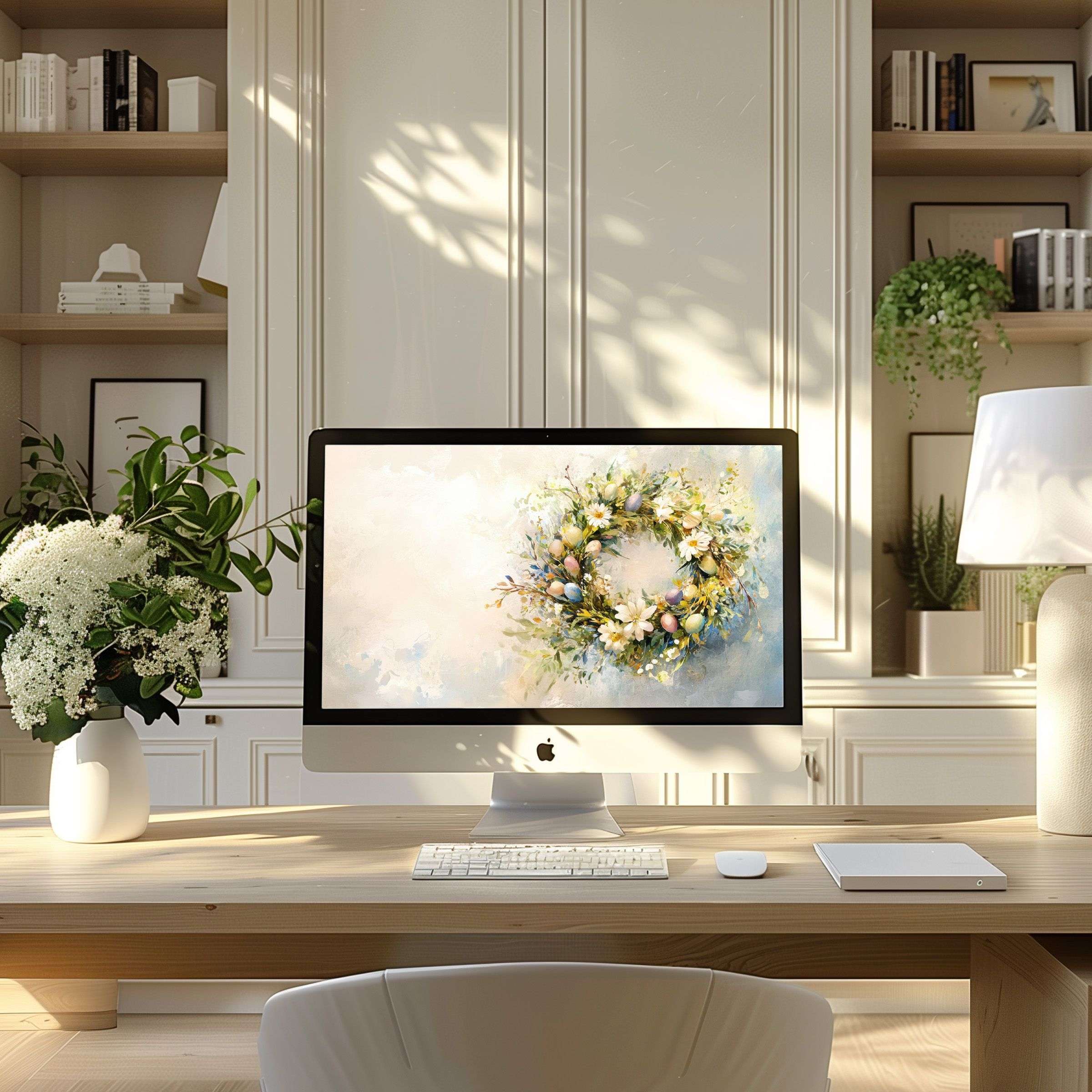 Calm watercolor wreath wallpaper for computer enhances elegance in modern home office, ideal for PC and Laptop digital download