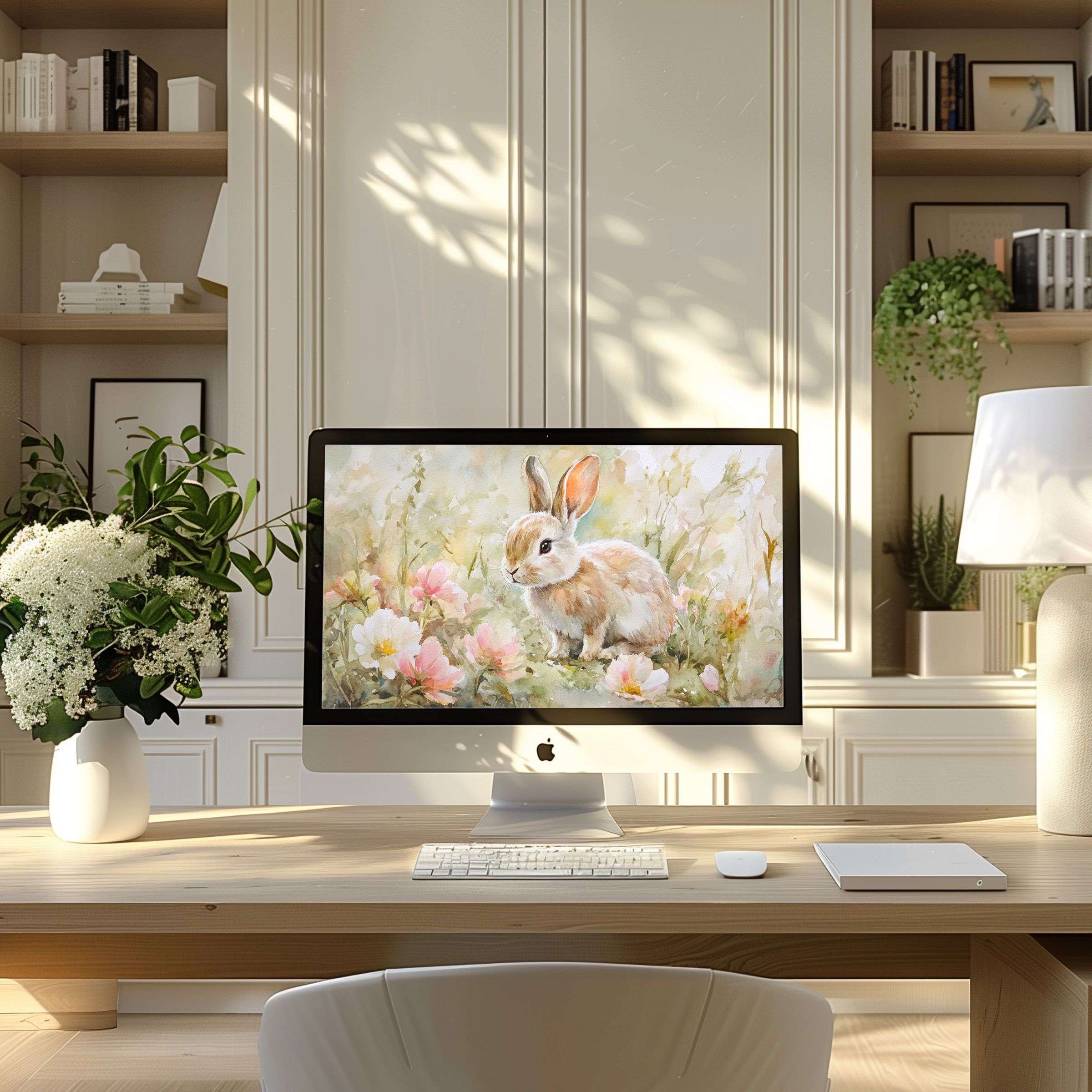Elegant rabbit-themed wallpaper for computer adds calm inspiration to PC or laptop in a modern, sophisticated home office setting