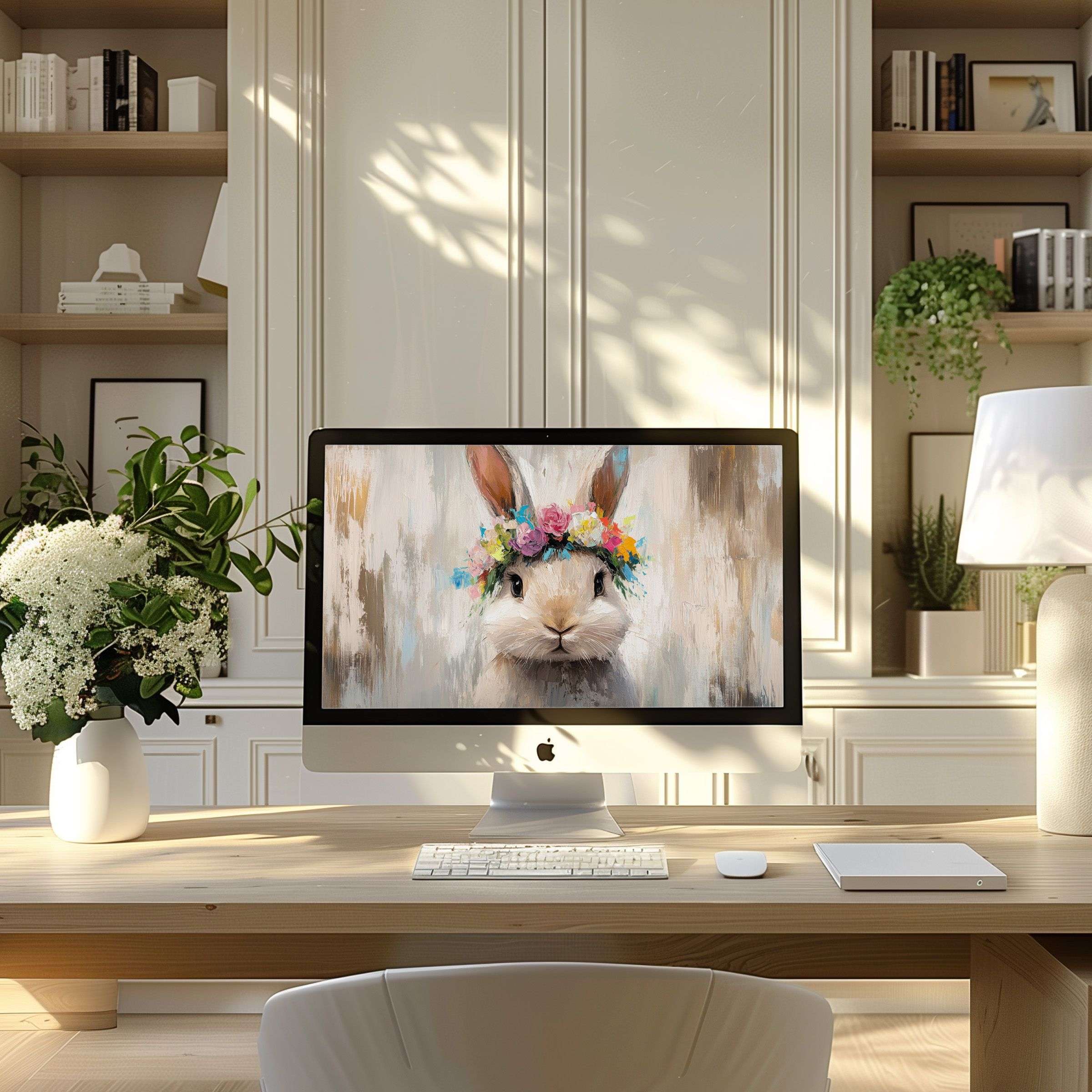 Brighten your space with this inspiring rabbit wallpaper for computer, PC, or laptop, perfect for modern home offices and digital downloads