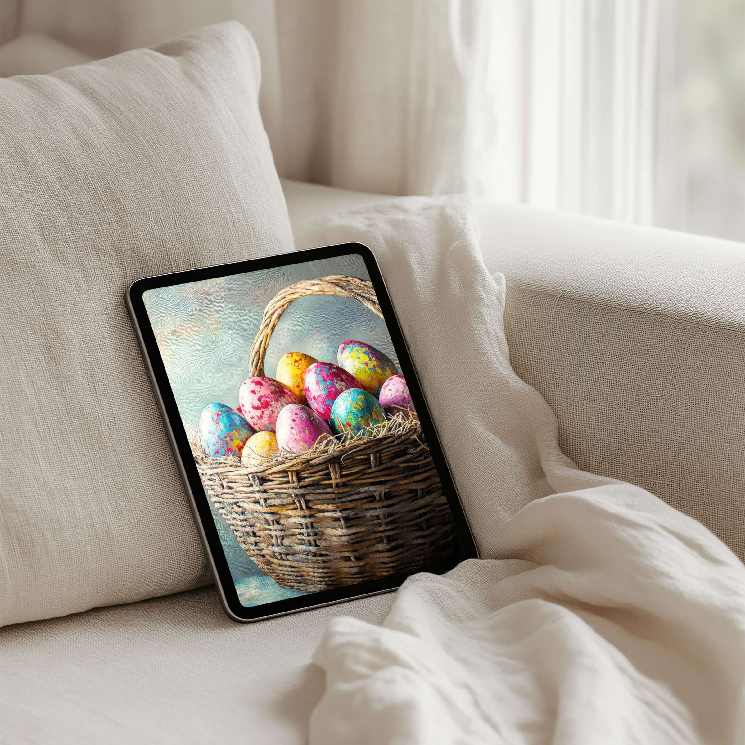 Colorful Easter eggs in a wicker basket create a serene iPad background perfect for any tablet instant download enhances calm
