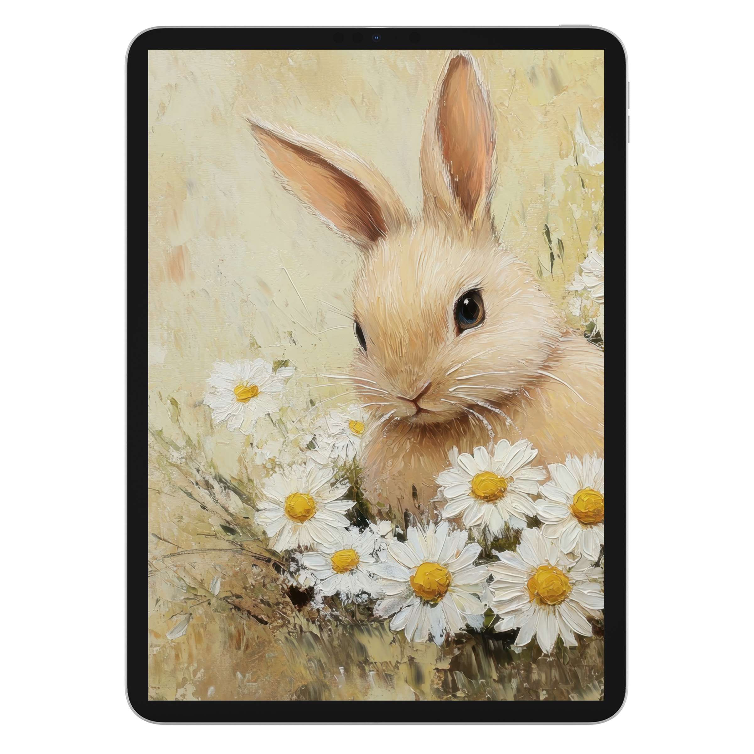 Easter iPad wallpaper featuring a serene bunny amidst daisies, perfect digital download for calming tablet background elegance