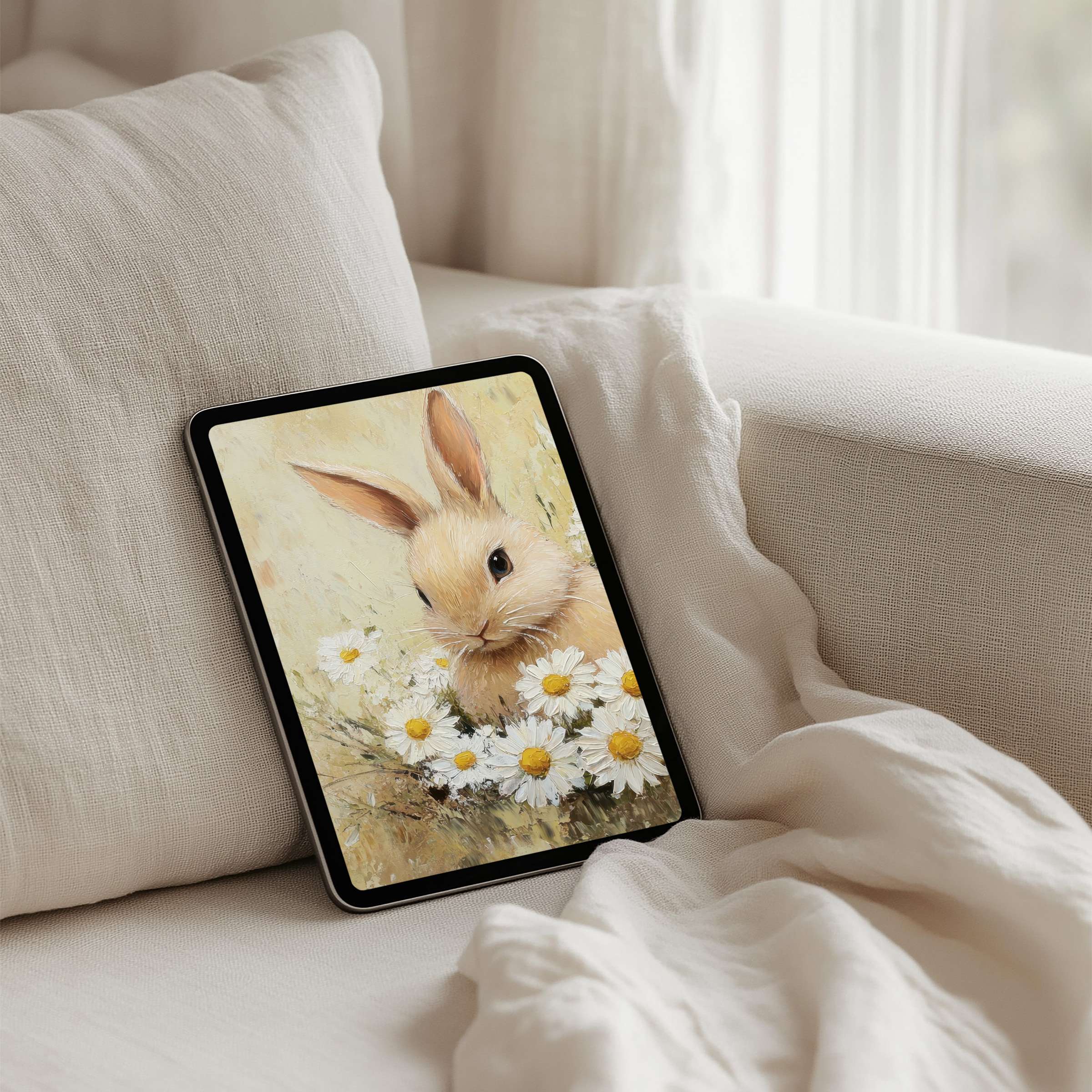 Charming rabbit and daisies digital art iPad background perfect for instant download fits any tablet creating serene elegance