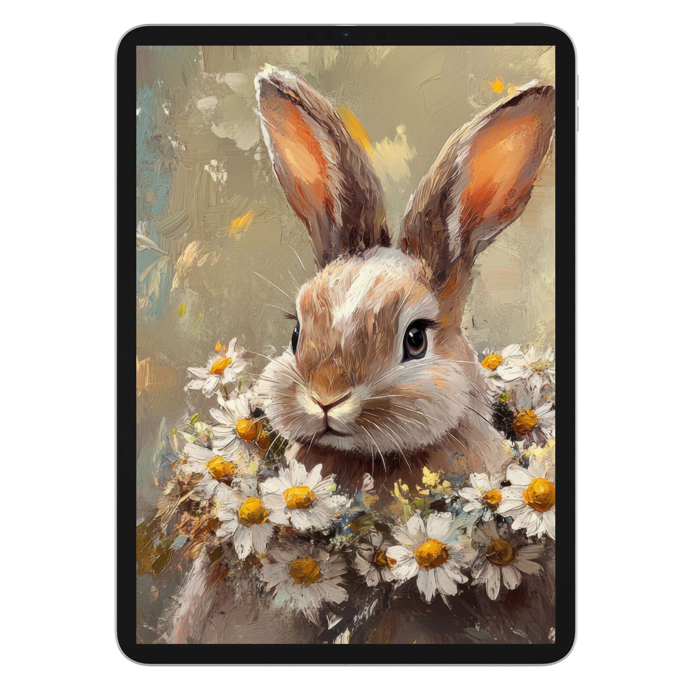 Easter iPad wallpaper digital download featuring a charming bunny with delicate daisy crown painted in soft, soothing tones for tablet background