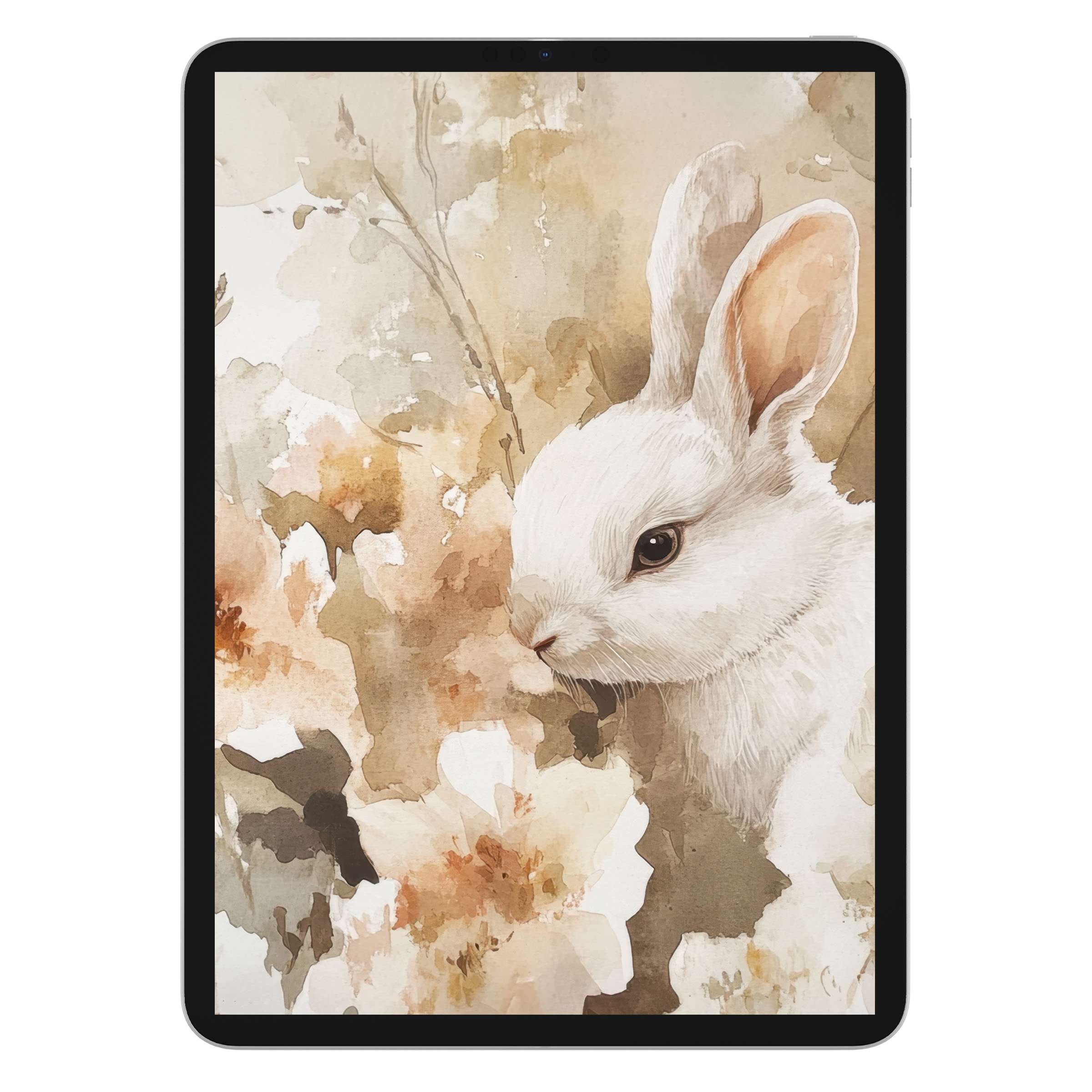 Easter iPad wallpaper with a serene watercolor rabbit and floral background, perfect for tablet digital download and calm design