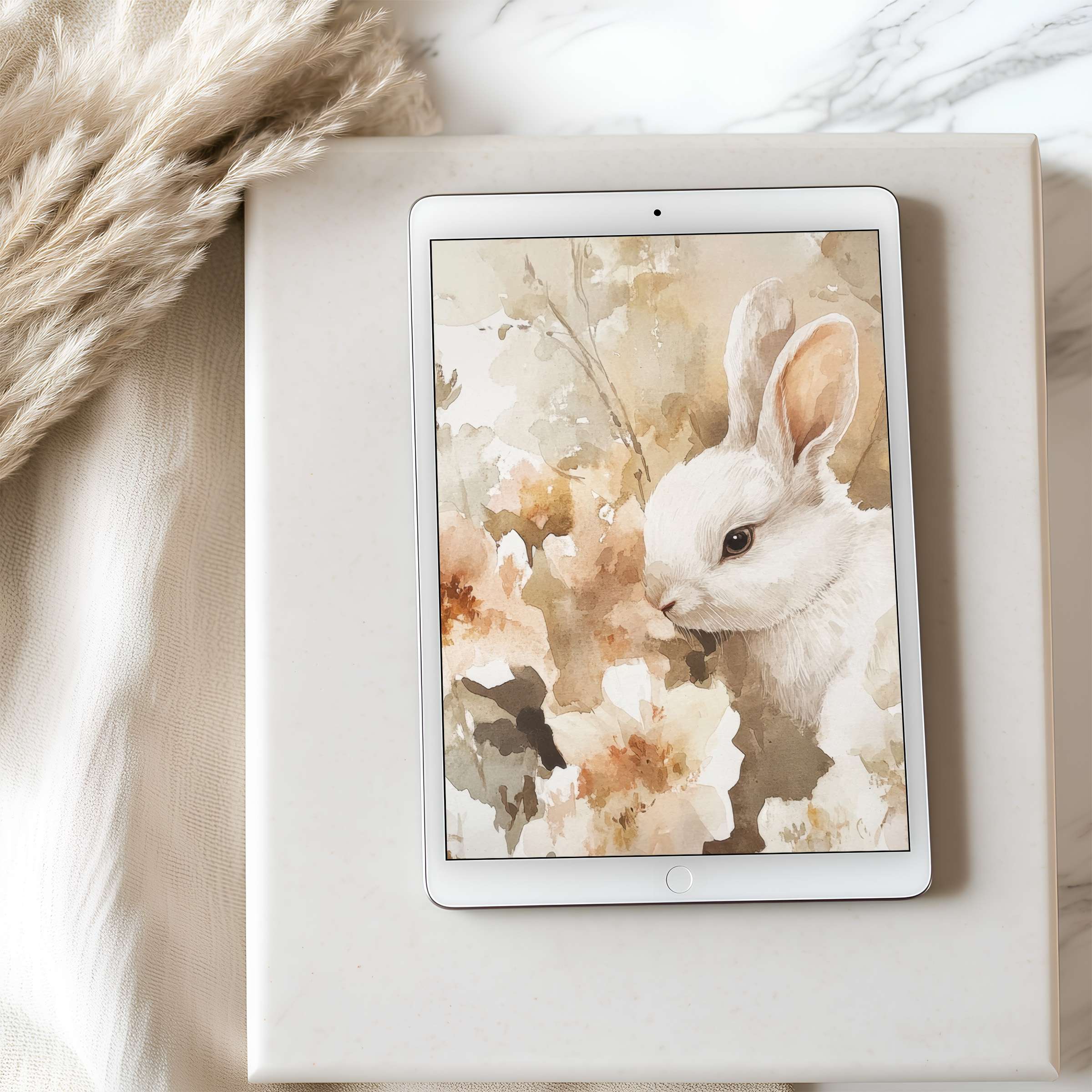 Elegant tablet wallpaper featuring a serene watercolor bunny among beige florals, perfect for iPad and Android, high resolution download