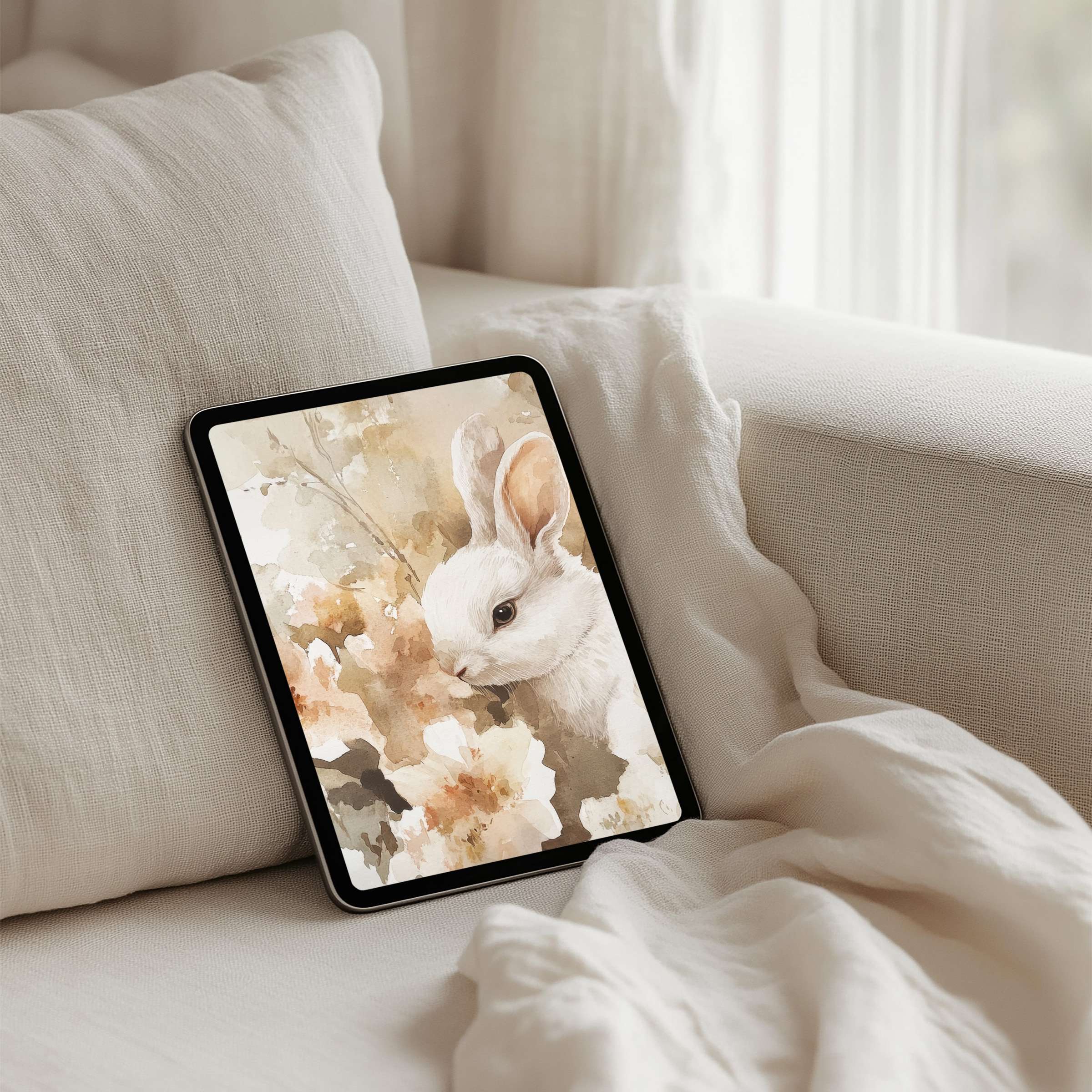 Serene watercolor rabbit art as an iPad background offers calm elegance for your tablet instant download for mindful inspiration