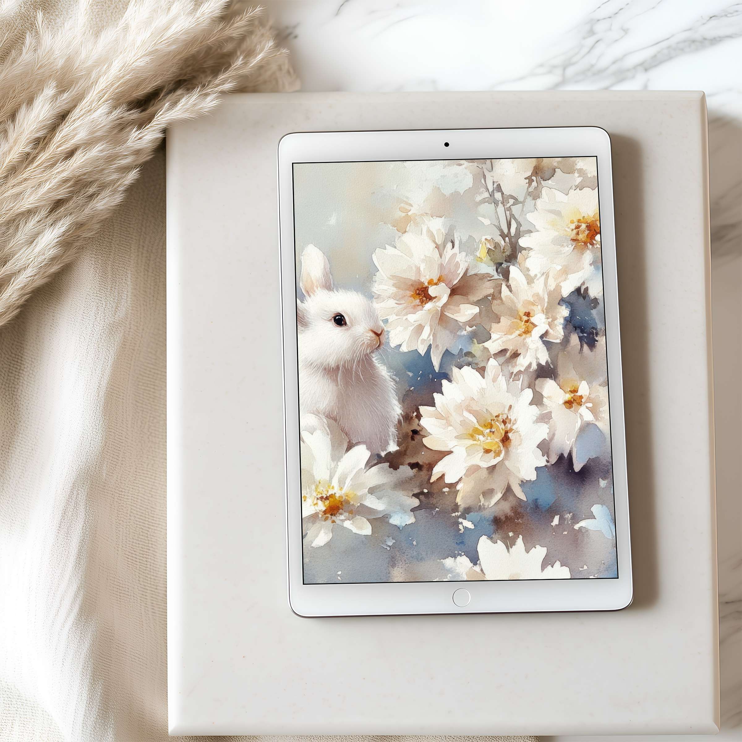 Elegant tablet wallpaper featuring a serene white rabbit with soft florals, perfect for high resolution digital download on iPad or Android
