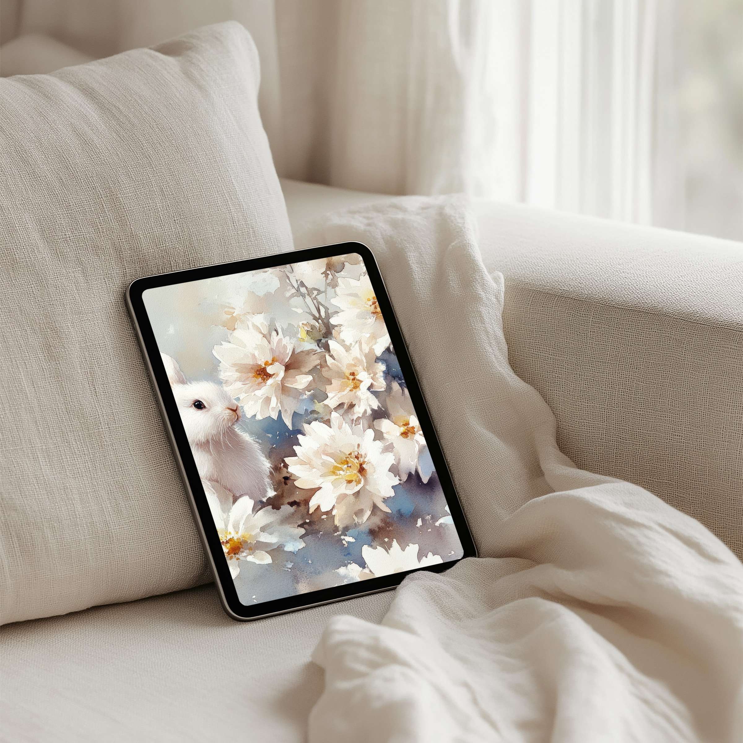 Elegant floral iPad background on a cozy sofa offers instant download for tablets inspiring calm mindfulness and aesthetic beauty