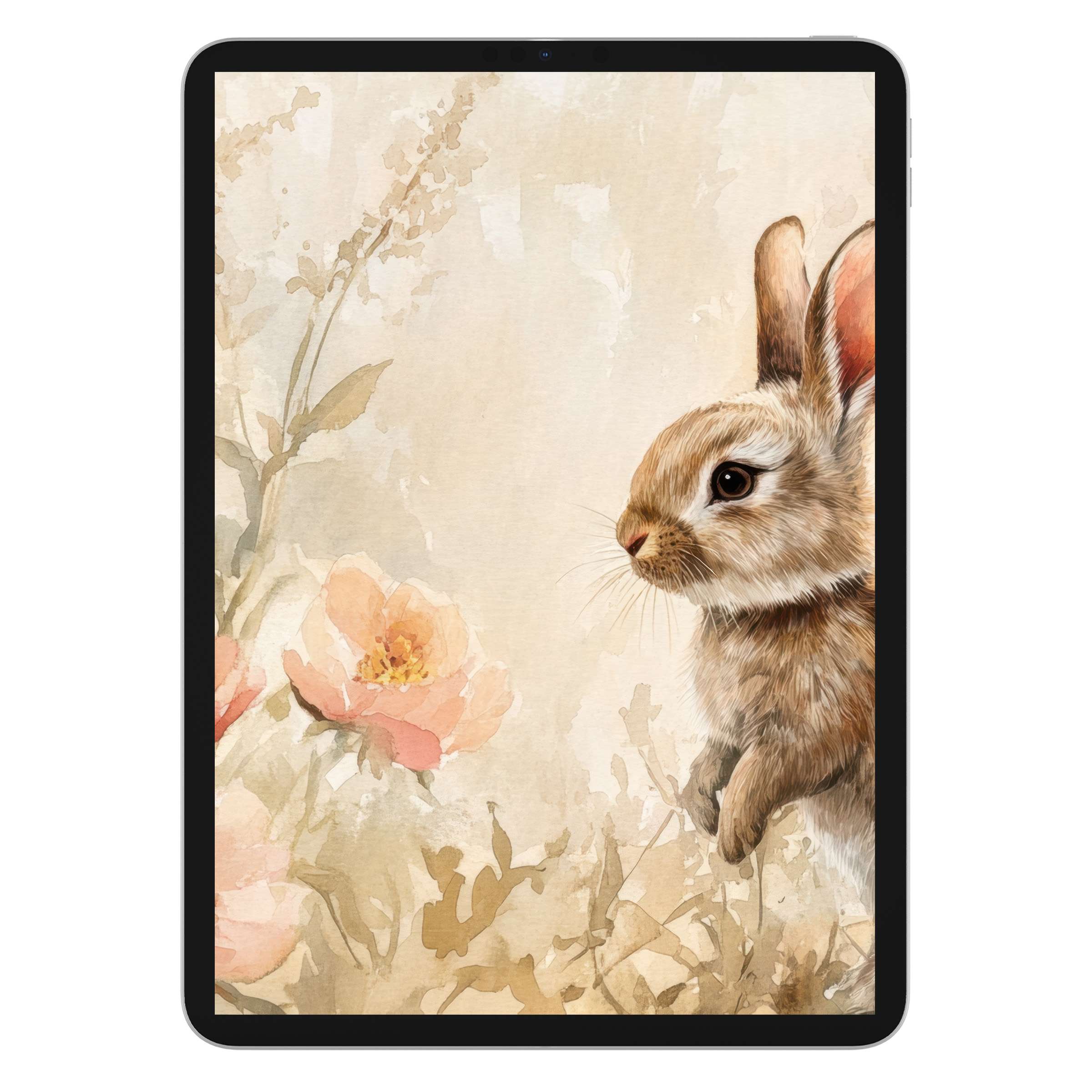 Easter iPad wallpaper featuring a serene bunny with soft floral watercolor background is a calming digital download for tablets
