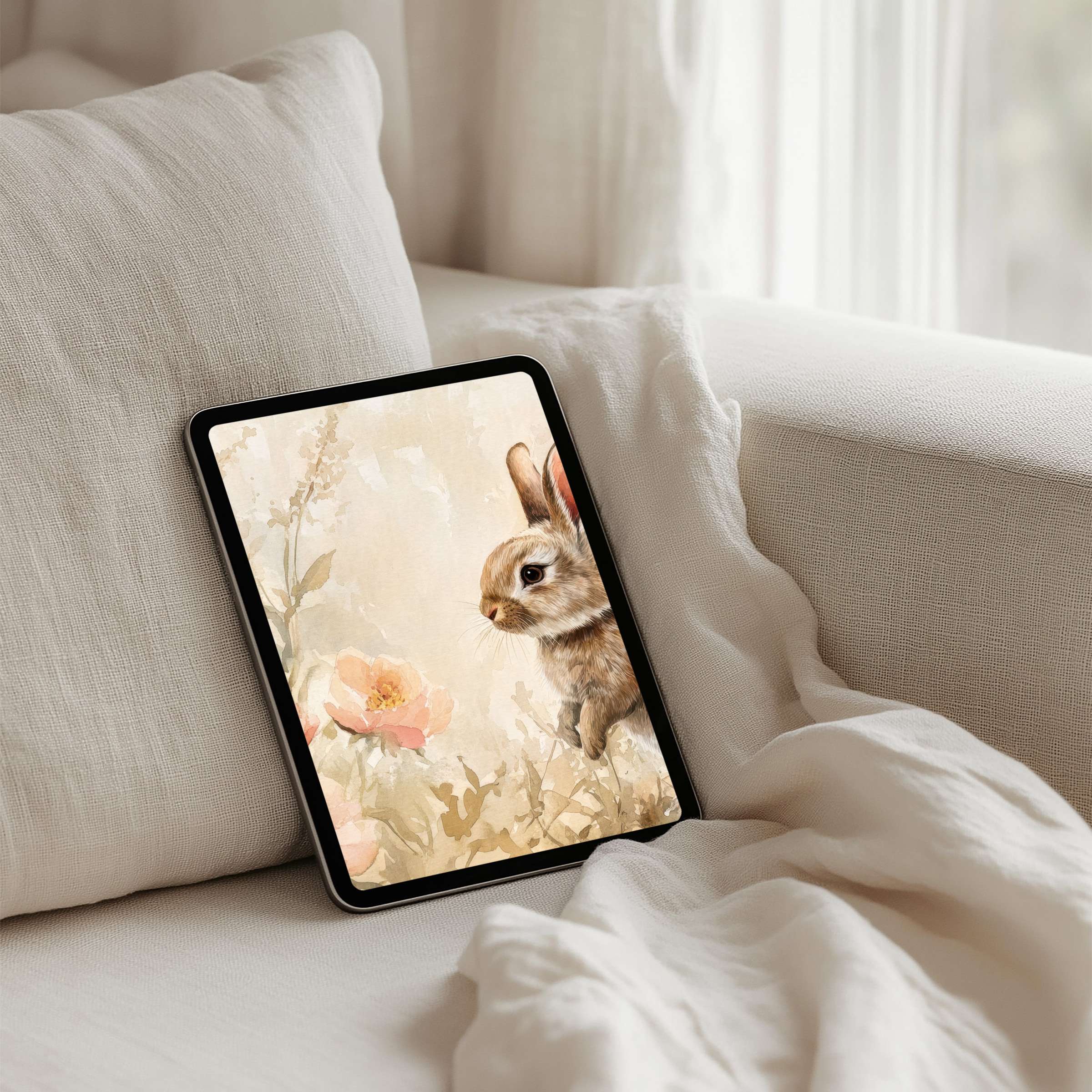 Elegant iPad background featuring a serene bunny and soft florals, perfect for instant download on tablets for calm inspiration