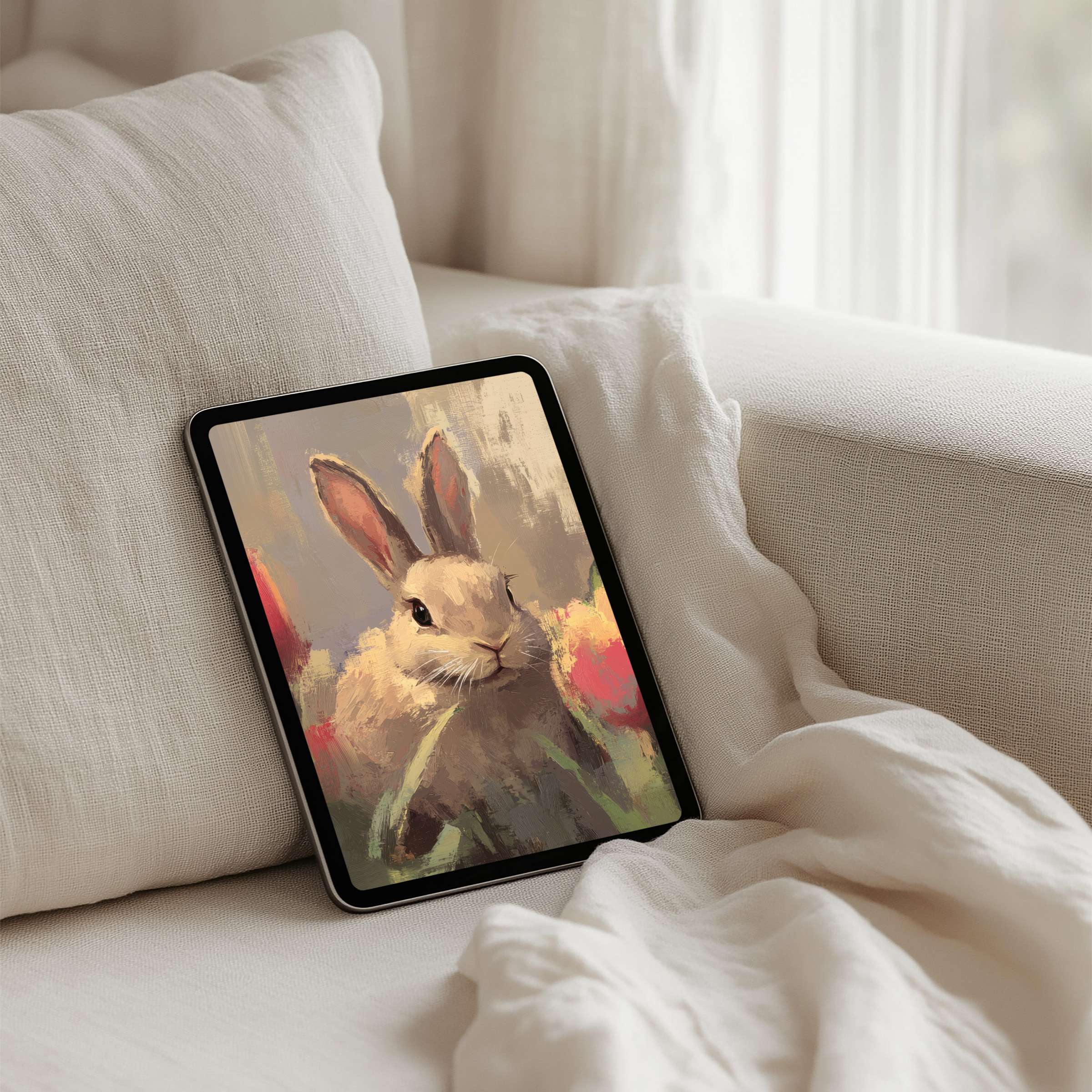 Soft watercolor bunny art for your iPad background offers calm elegance with instant download to fit any tablet effortlessly