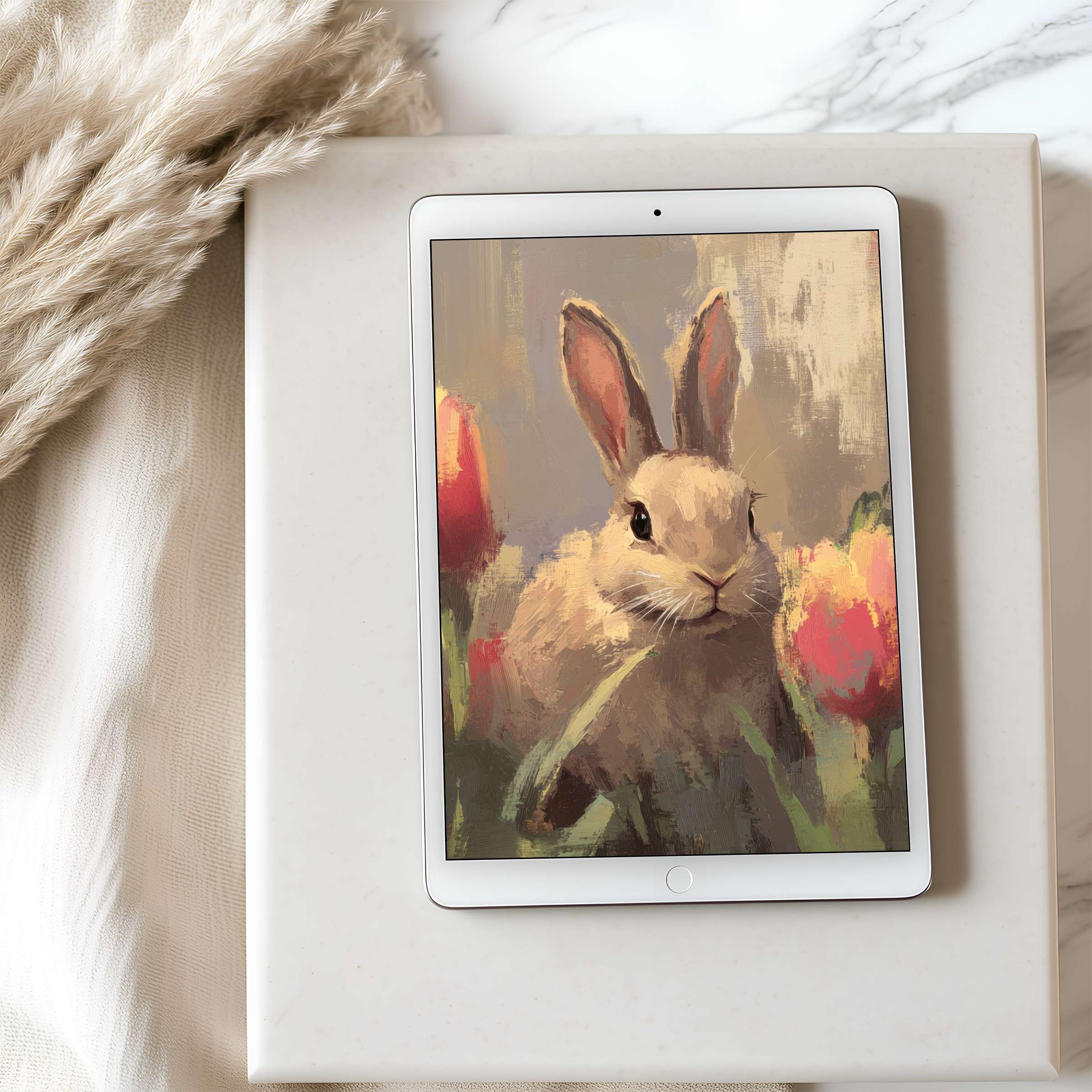 Elegant tablet wallpaper featuring a fuzzy bunny amidst tulips in soft pastel tones perfect for iPad or Android digital download