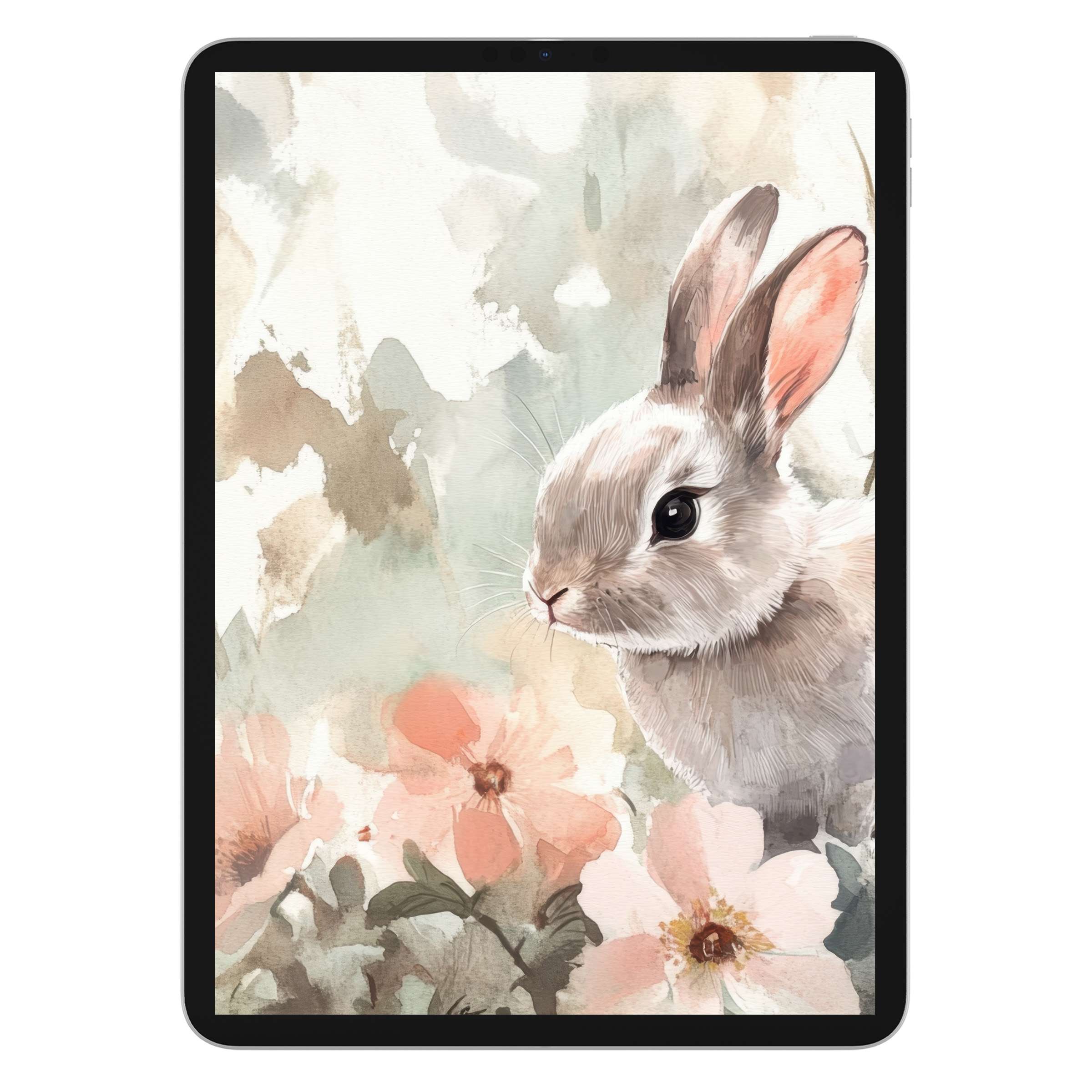 Easter iPad wallpaper featuring a serene bunny in watercolor, perfect digital download for tablet background enhancing tranquility and style