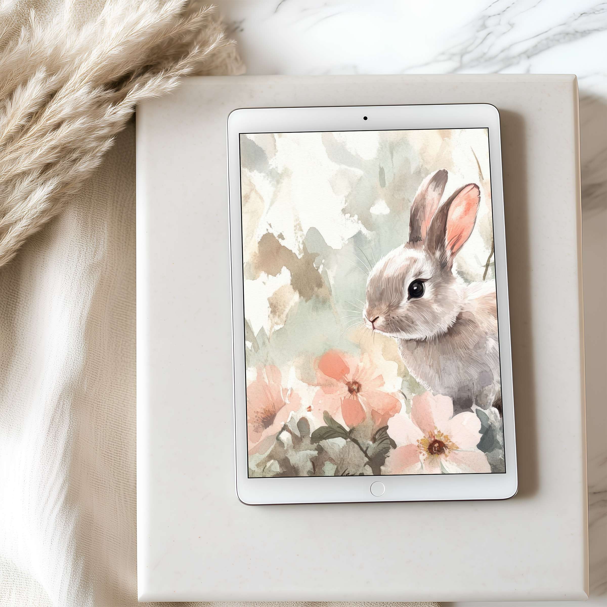 Elegant watercolor rabbit amidst pastel florals as tablet wallpaper for iPad high resolution digital download creates serene ambiance