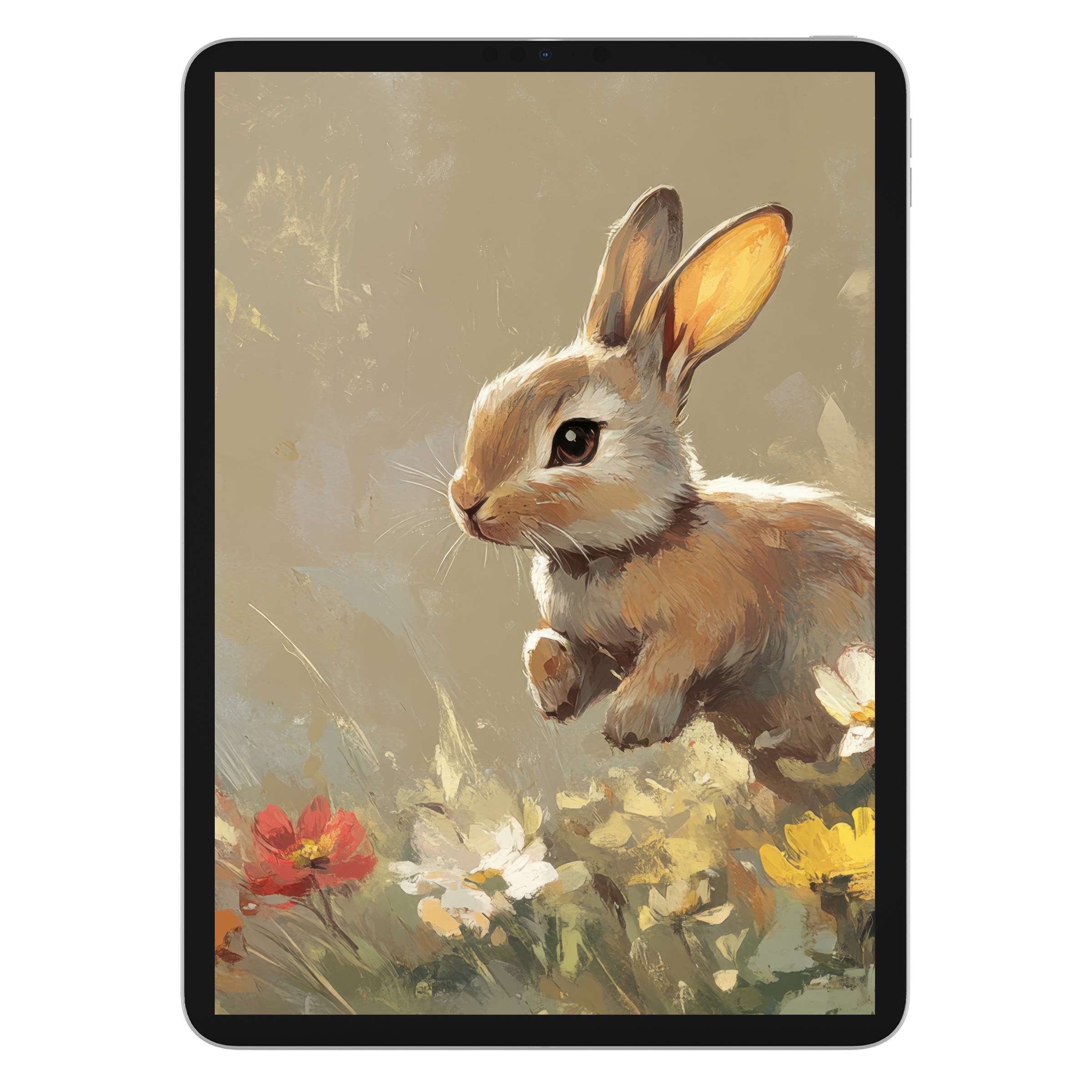 Inspire serenity with this digital download featuring an easter iPad wallpaper of a rabbit amidst spring flowers for tablet background
