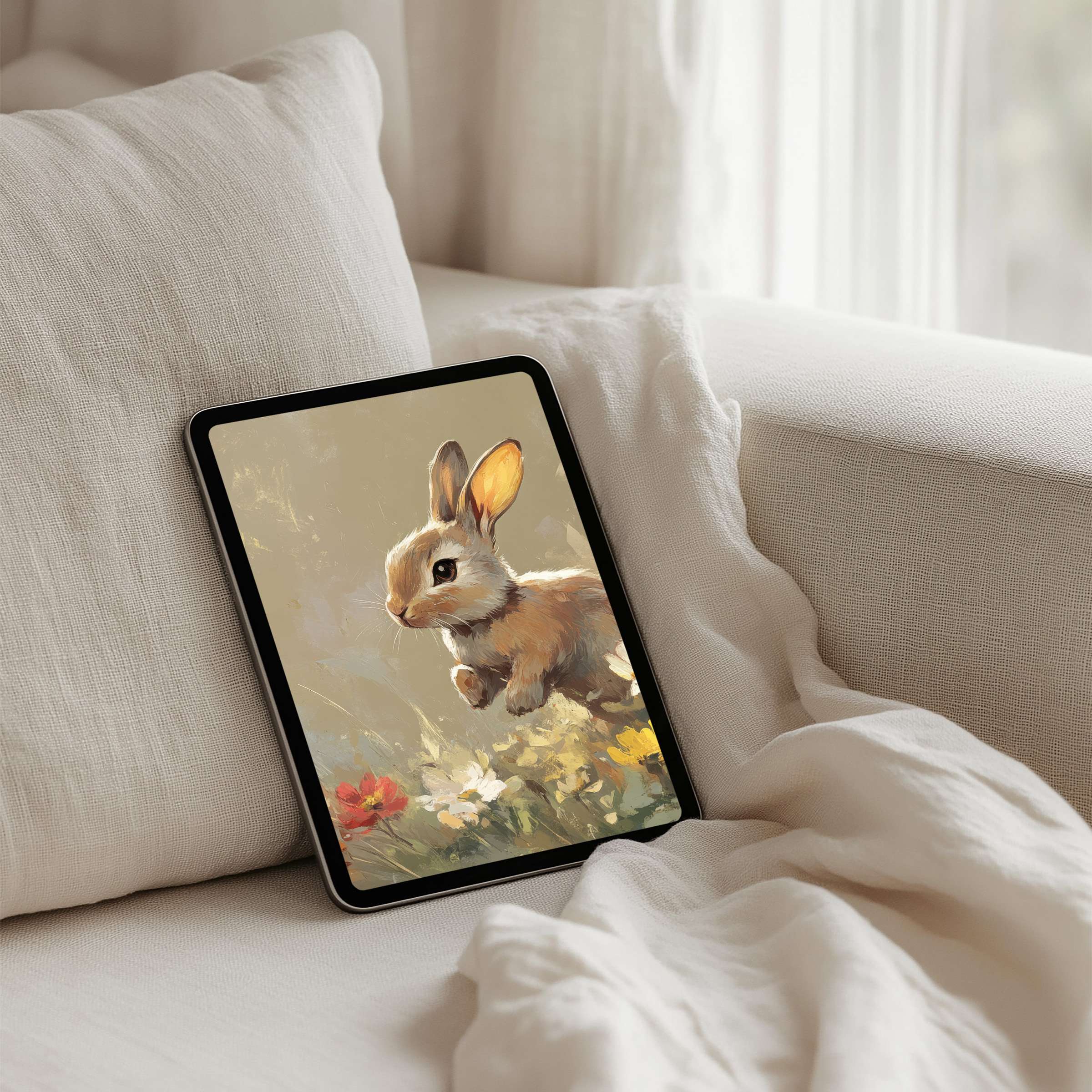 Elegant rabbit painting on iPad background adds charm to your tablet screen instant download bringing calm and inspiration