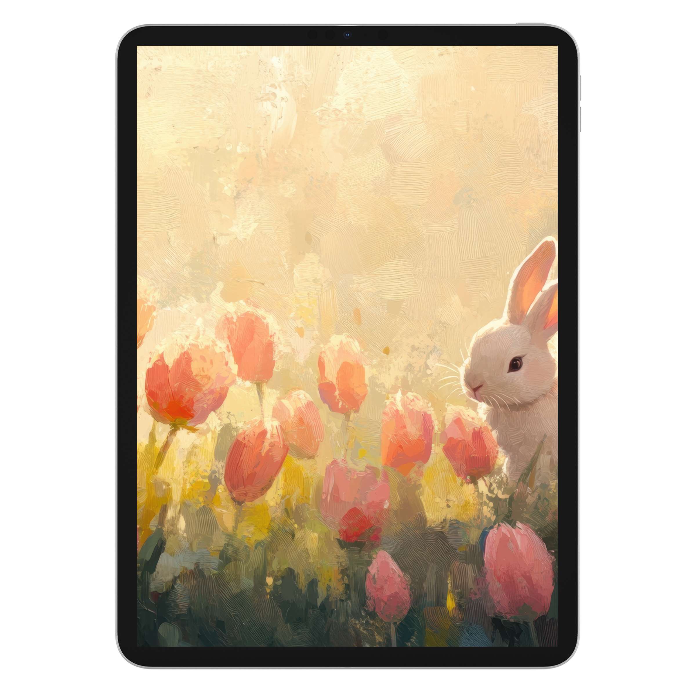 Easter iPad wallpaper featuring a serene bunny and tulips in delicate pastels, perfect tablet background for digital download tranquility