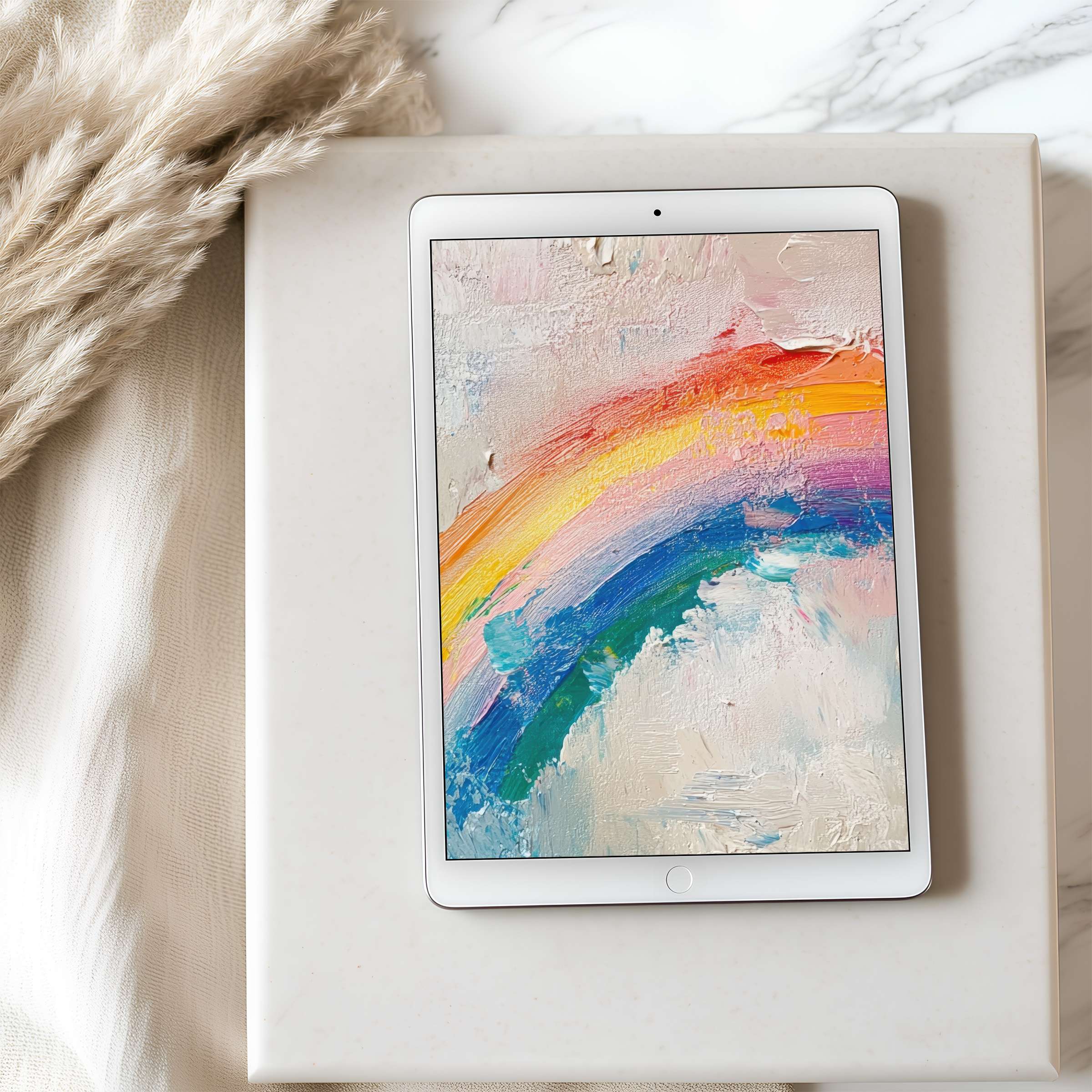 Vibrant rainbow abstract tablet wallpaper in high resolution enhances any iPad or Android tablet with soothing elegance, downloadable art