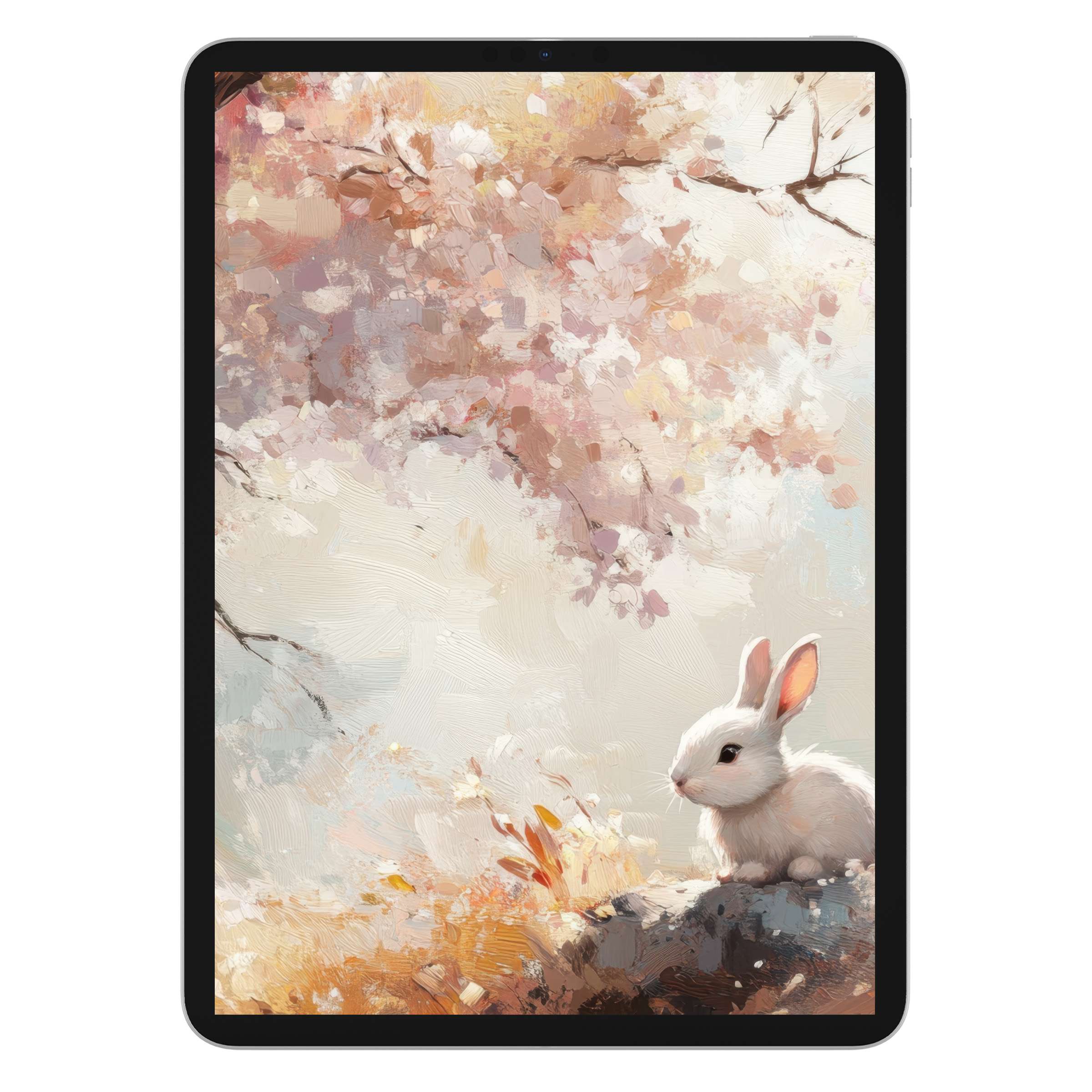 Gentle bunny and pastel blossoms create an inspiring Easter iPad wallpaper digital download for serene tablet background use