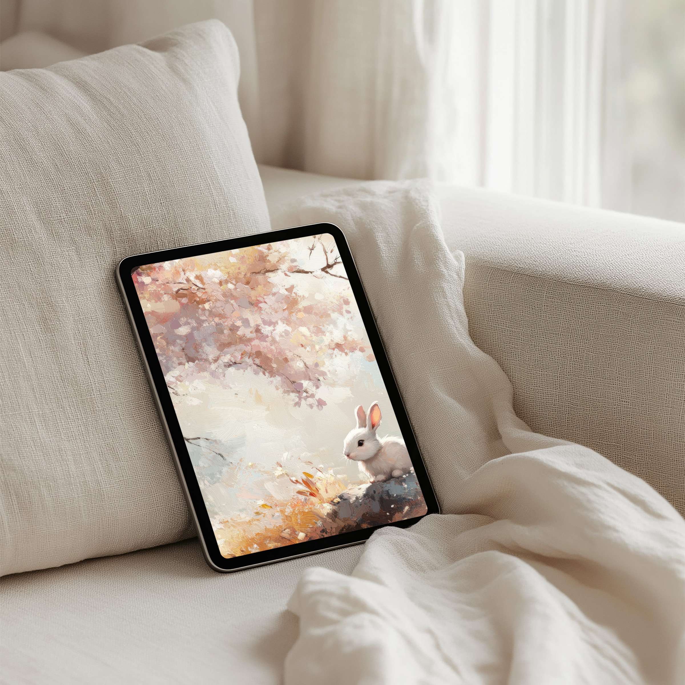 Serene watercolor bunny under cherry blossoms perfect as an iPad background for instant download on any tablet inspiring calm and elegance